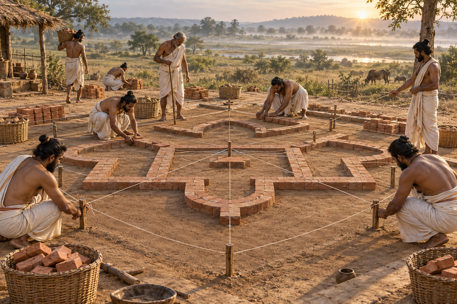 Builders use taut cords and wooden pegs to measure the geometric layout of a brick ritual altar on prepared ground.