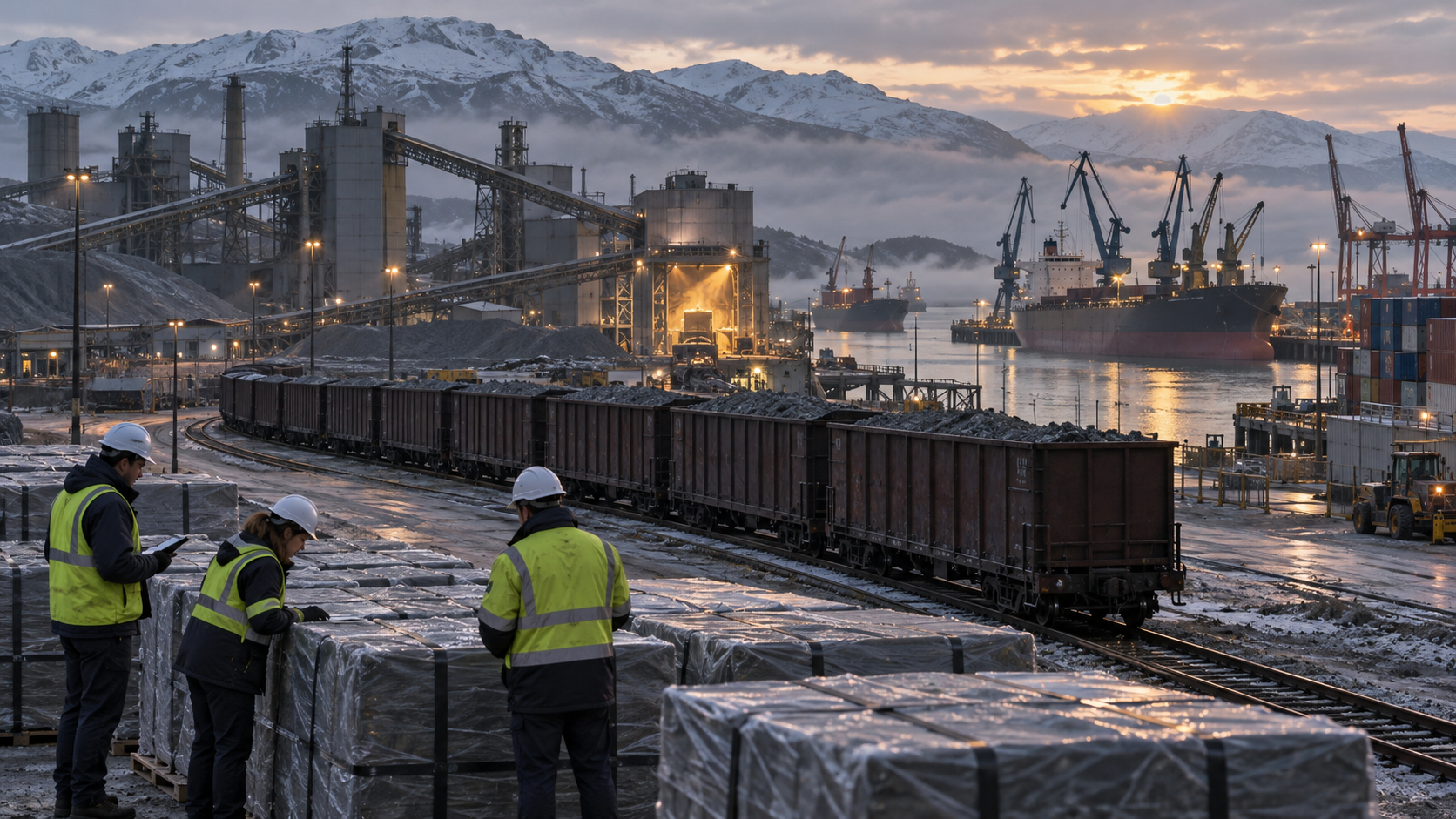 Inspectors examine sealed mineral cargo at a rail terminal linked to a processing plant and a busy port at dawn.