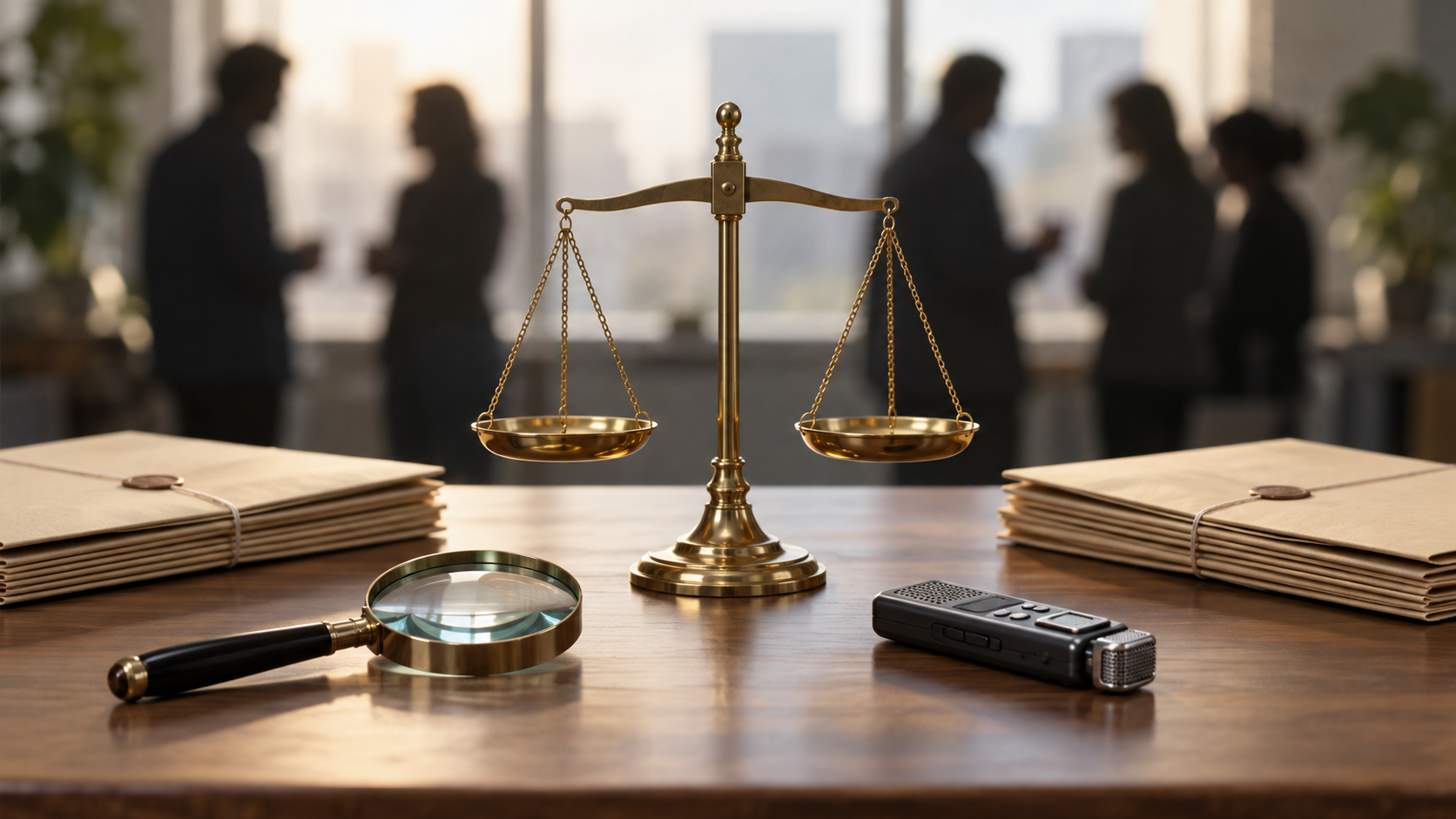 A magnifying glass, sealed folders, recorder, and balanced scales sit in sharp focus while an indistinct crowd is blurred behind them.