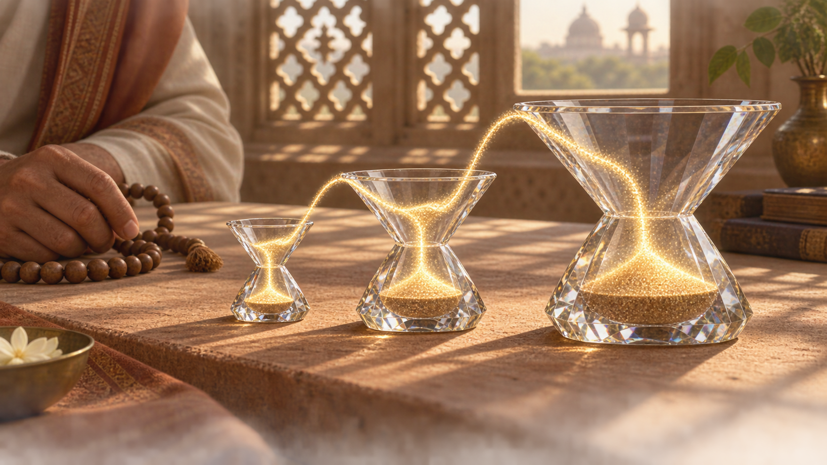 A continuous stream of glowing particles passes through three nested crystal vessels beside wooden counting beads.
