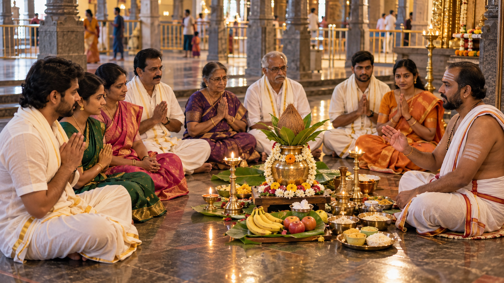 A family participates in a Sri Satyanarayana vrata at Annavaram around a kalasha, flowers, fruit, lamps and offerings as a priest guides the ritual.