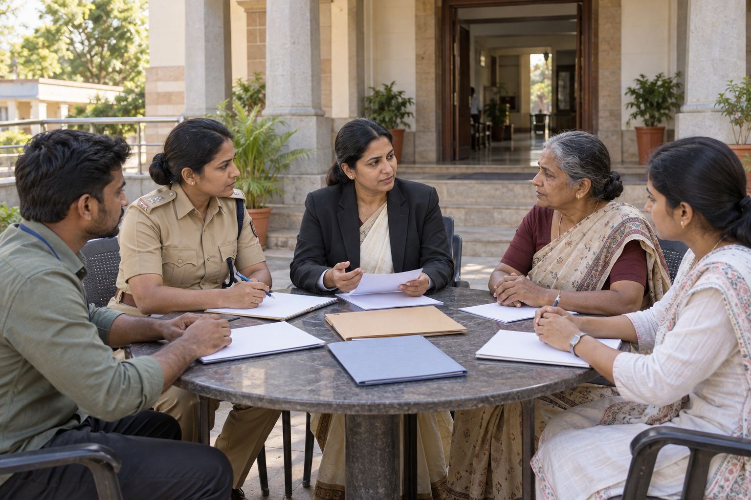 A police officer, legal-aid worker, family representative, and community volunteers confer around a table outside an administrative building.