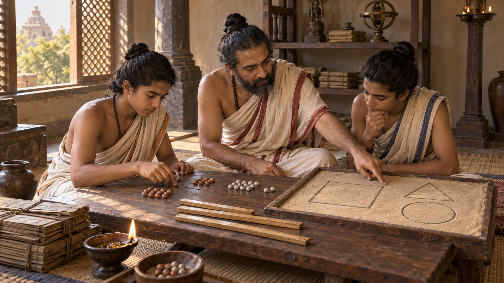 A scholar and two students arrange counters, compare measuring rods, and trace geometric forms on a dust board.