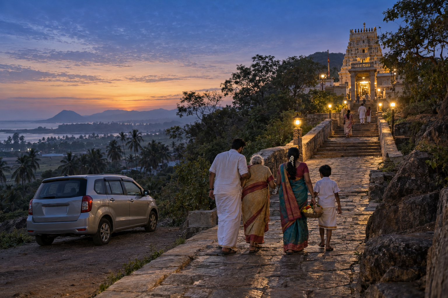 A family carrying offerings walks from a parked vehicle toward a lamp-lit hill temple before sunrise, with an older pilgrim receiving support.