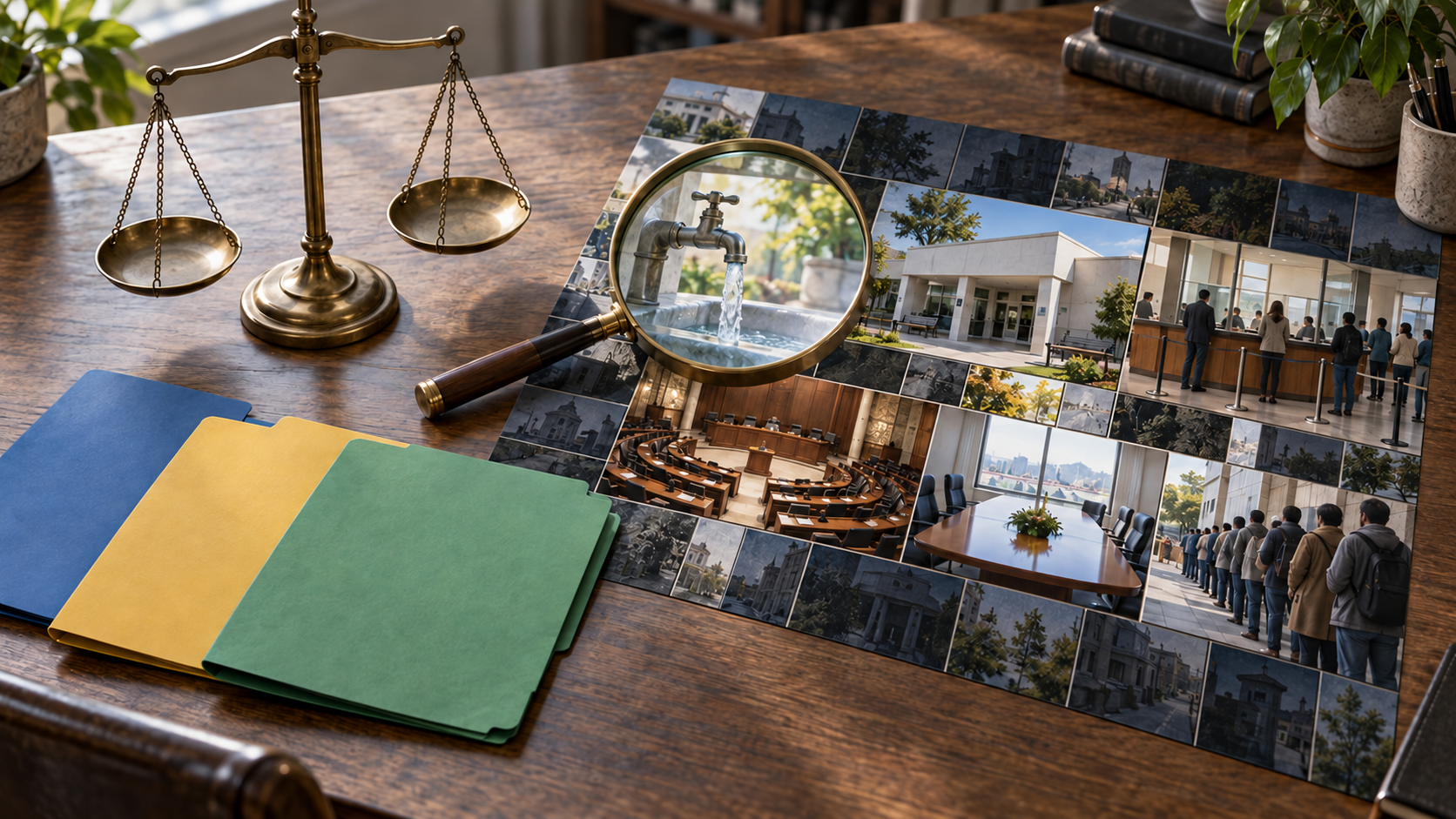 A balance scale and magnifying glass sit above miniature scenes of homes, health care, government services, diplomacy, and waiting citizens.