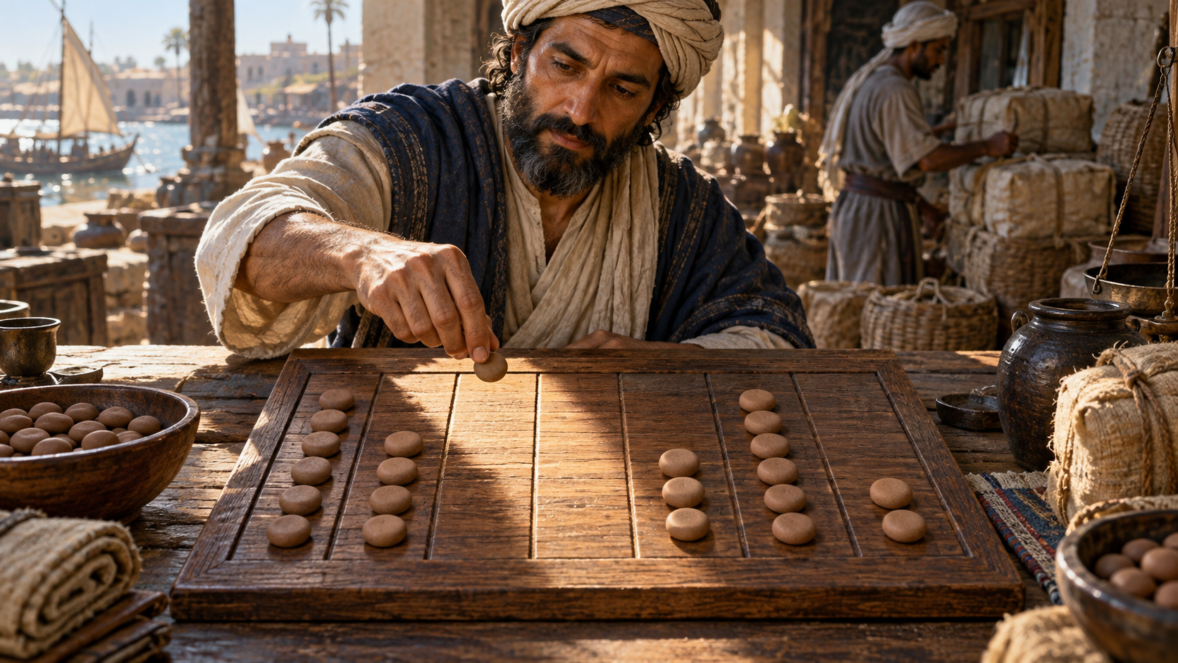 A merchant-mathematician moves clay counters across a place-value board with an empty position between occupied groups.