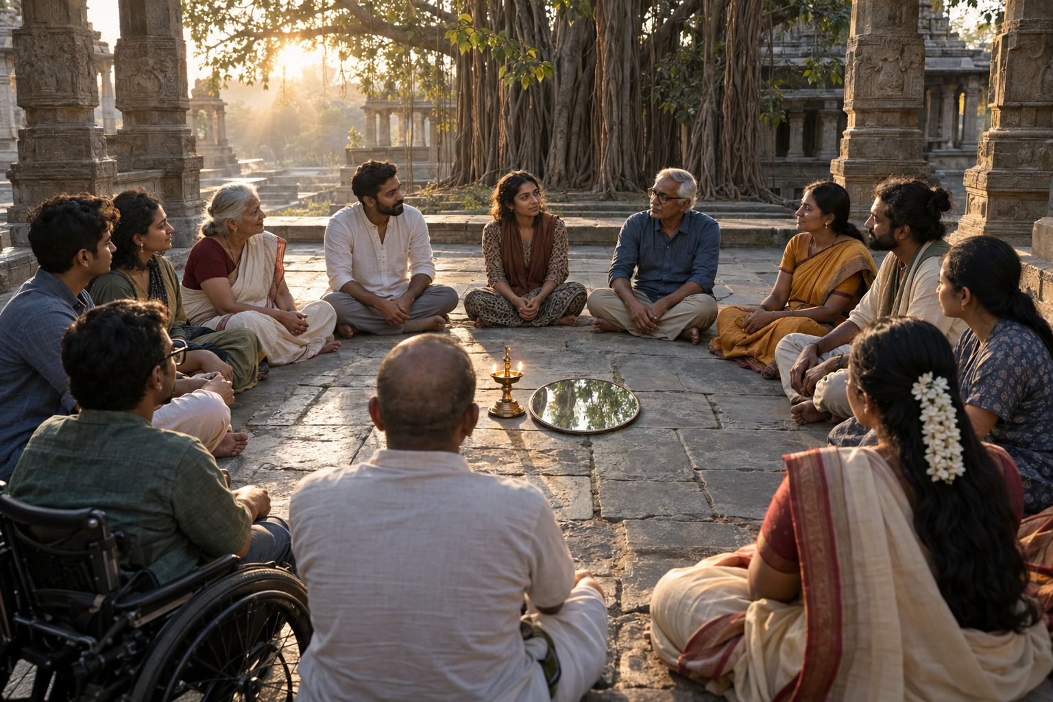 An intergenerational Hindu community sits in an equal circle around a brass oil lamp and a round mirror in a temple courtyard at dawn.