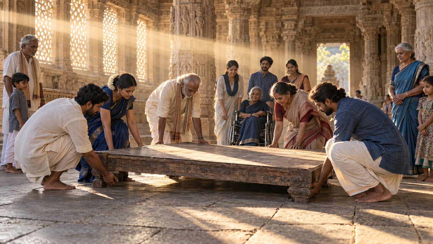 Community members lower a raised wooden platform in a temple hall while one beam of sunlight illuminates everyone equally.
