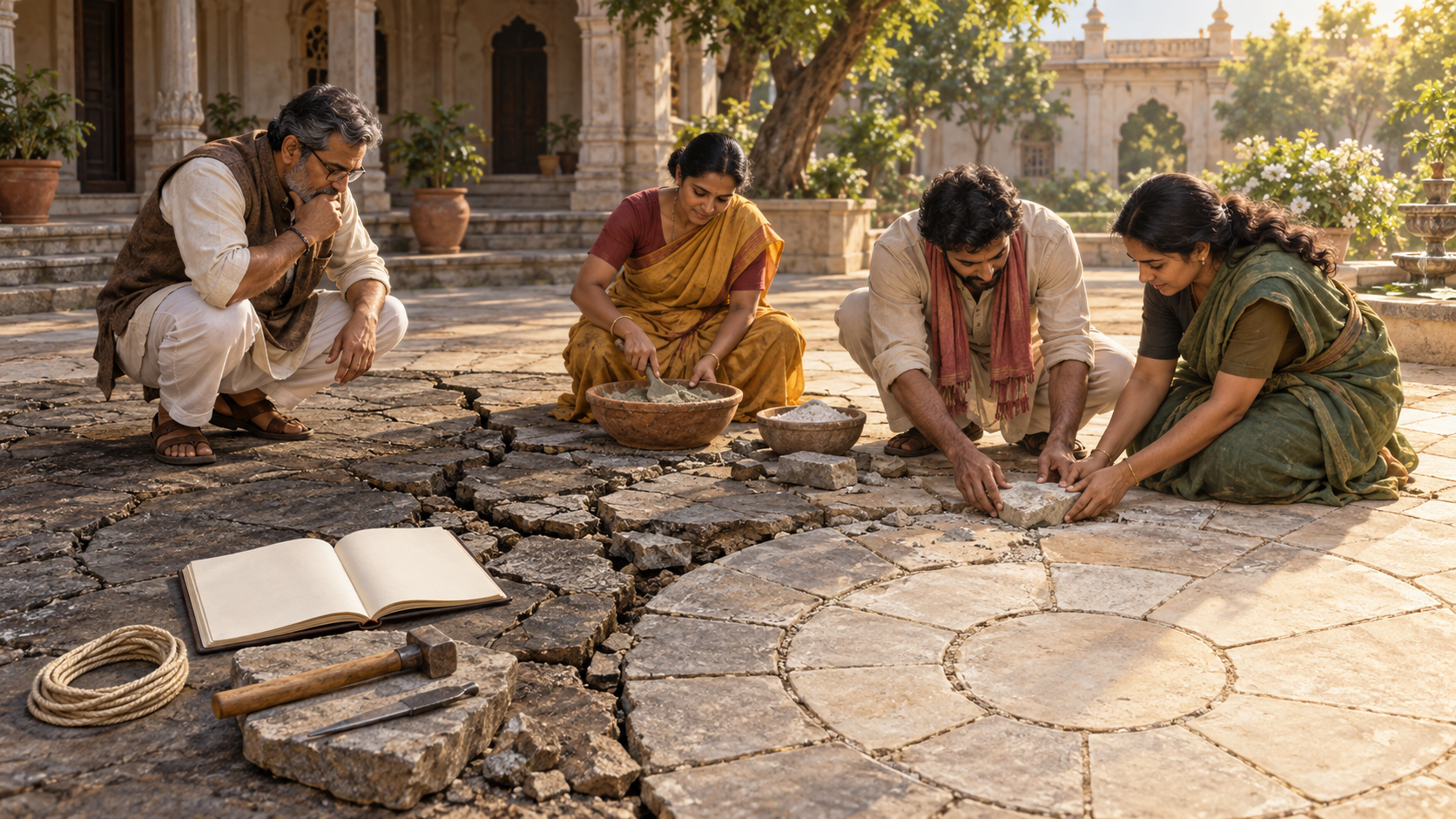 Four volunteers inspect and repair cracks in a circular stone courtyard beside a blank ledger and simple tools.