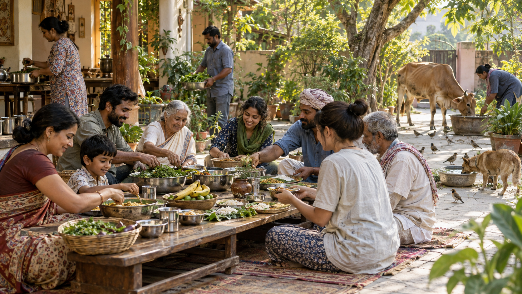 Women, men, elders and children prepare a communal meal at one low table while others care for a cow, dog and birds nearby.