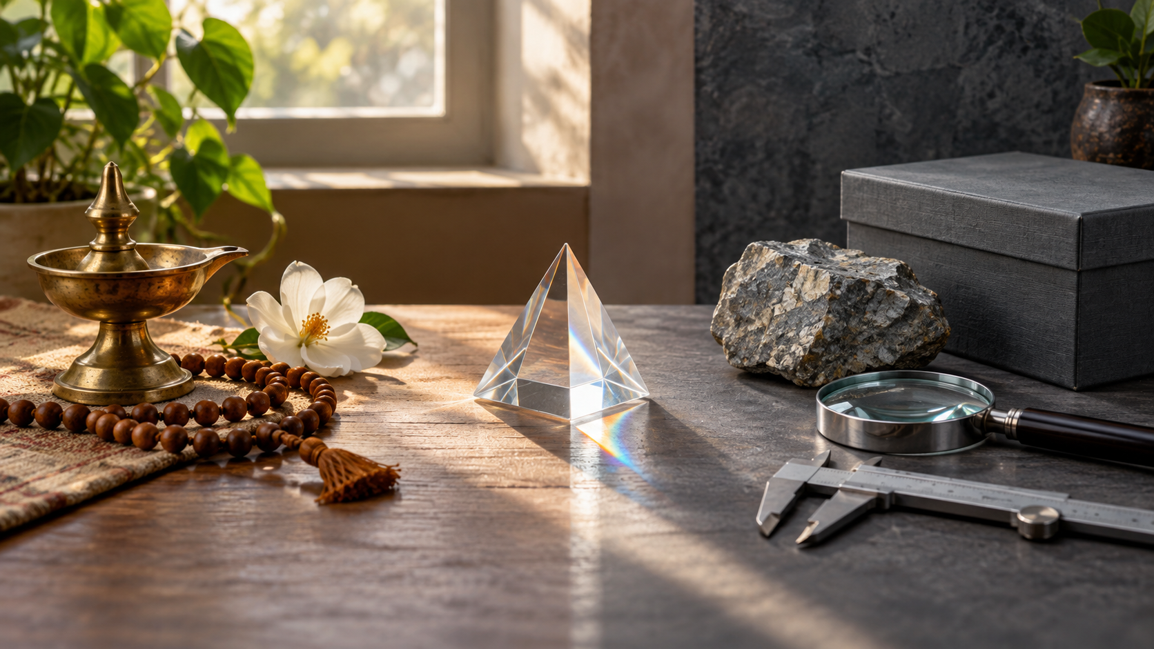 A brass lamp, flower, and meditation beads sit opposite a magnifying lens, calipers, and stone specimen on a balanced tabletop.