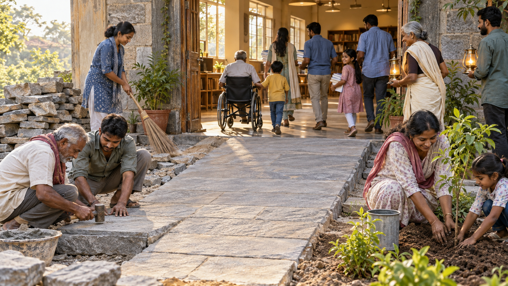 An intergenerational group rebuilds a community hall entrance as a broad accessible passage and plants a young tree beside it.
