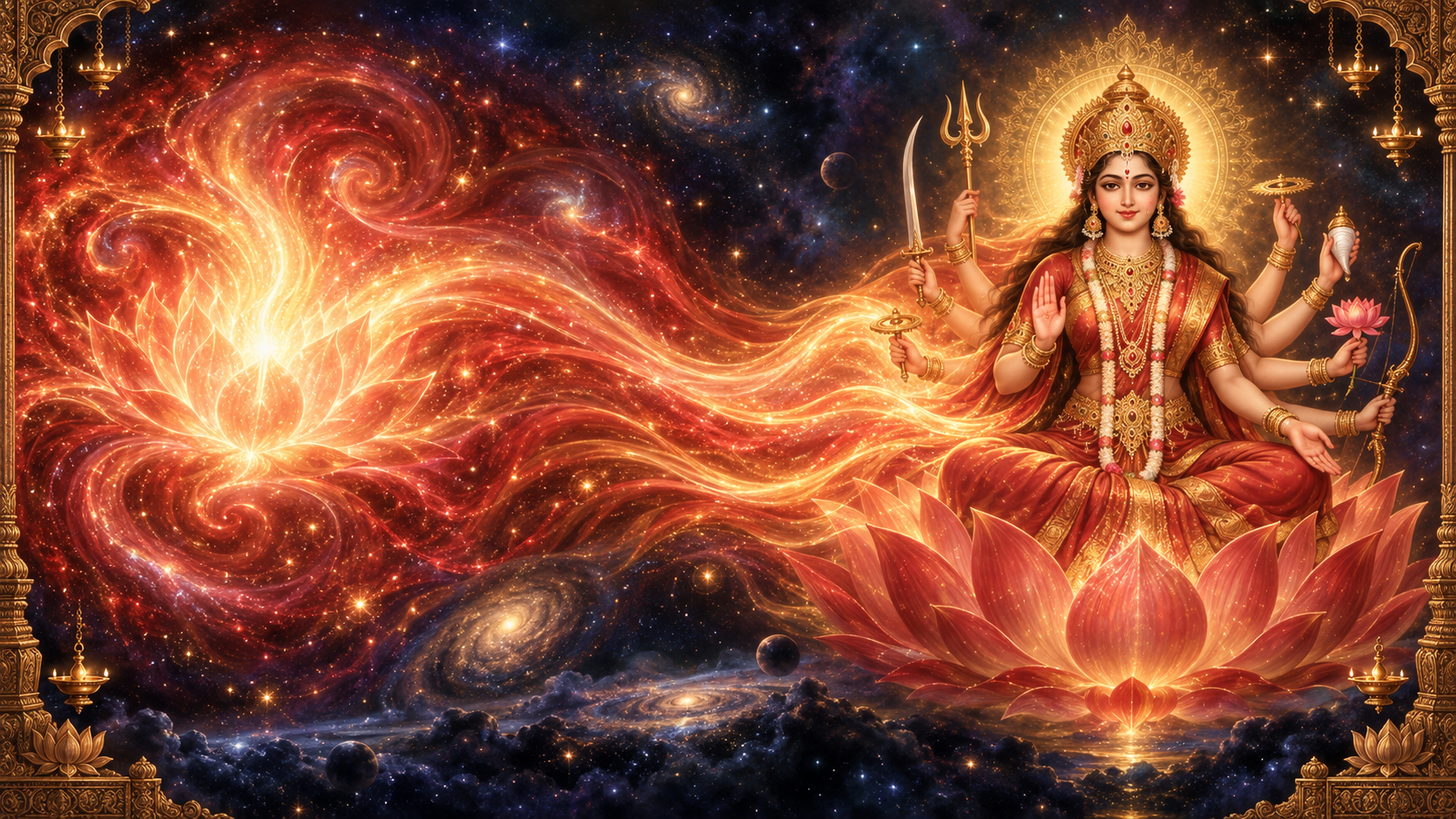 Crimson and gold cosmic light flows into the visible form of Durga seated on a lotus, representing one divine power as source and presence.