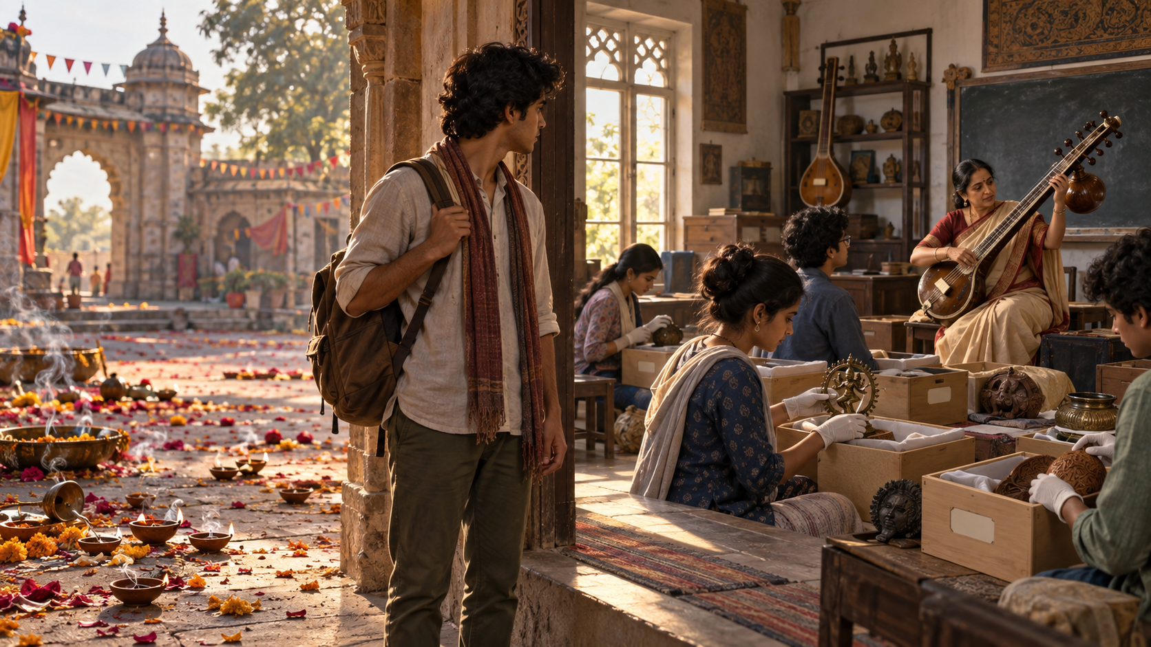 A young adult looks from fading festival lamps toward a classroom where students learn music and care for traditional craft objects.