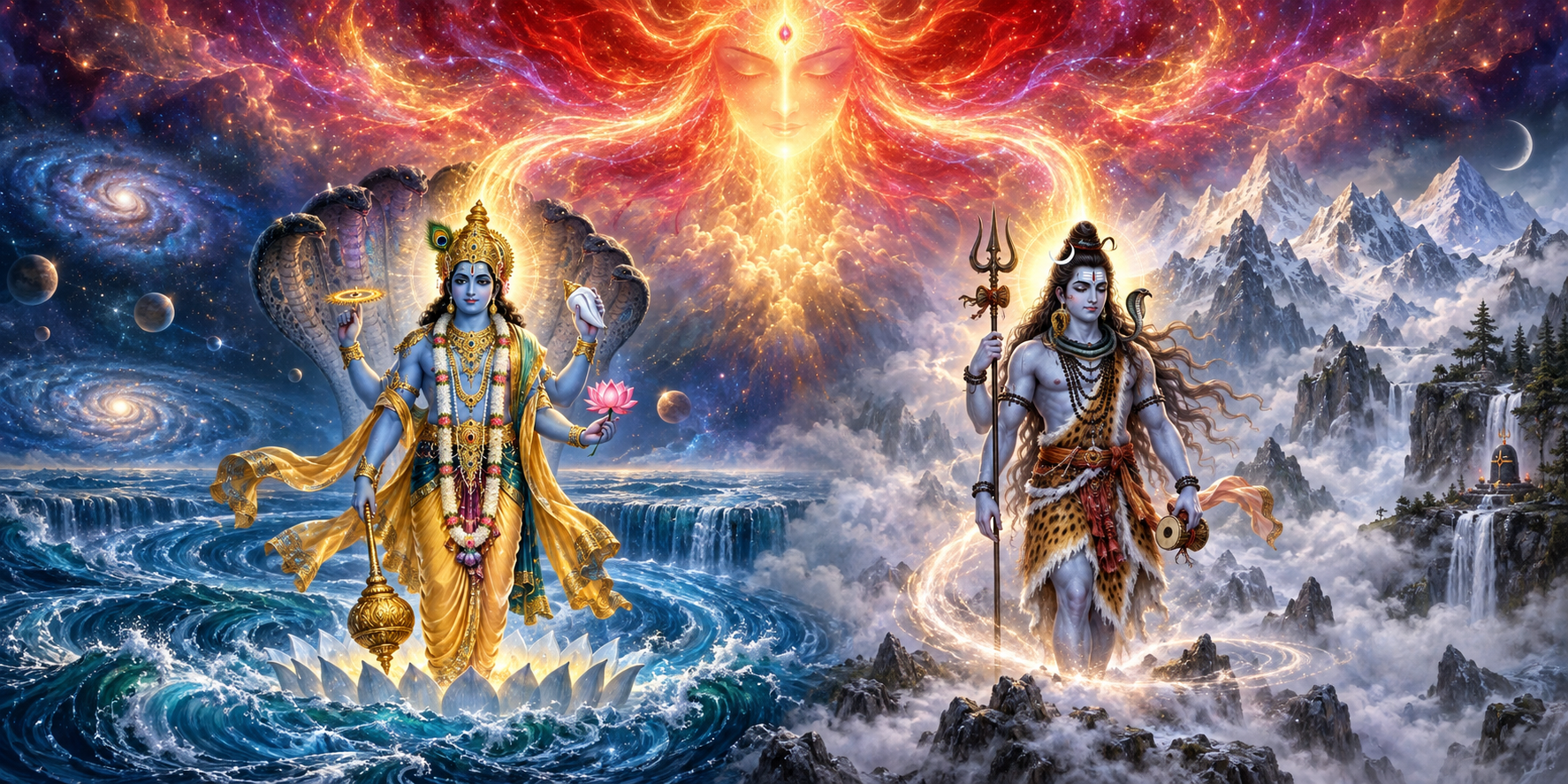 Streams of red and gold light descend from an abstract divine radiance into Vishnu above cosmic waters and Shiva amid transforming light.