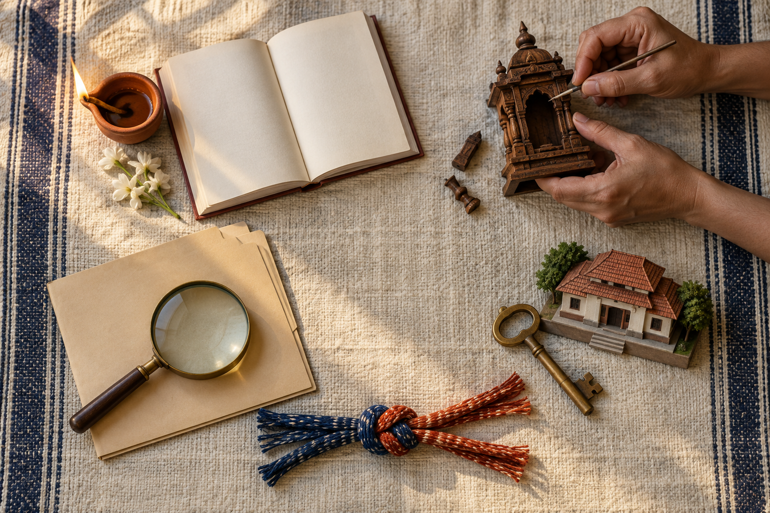 Five symbolic groups of objects—a lamp and blank book, repair tools, a key and model building, a magnifying lens, and joined threads—are arranged on woven cloth.