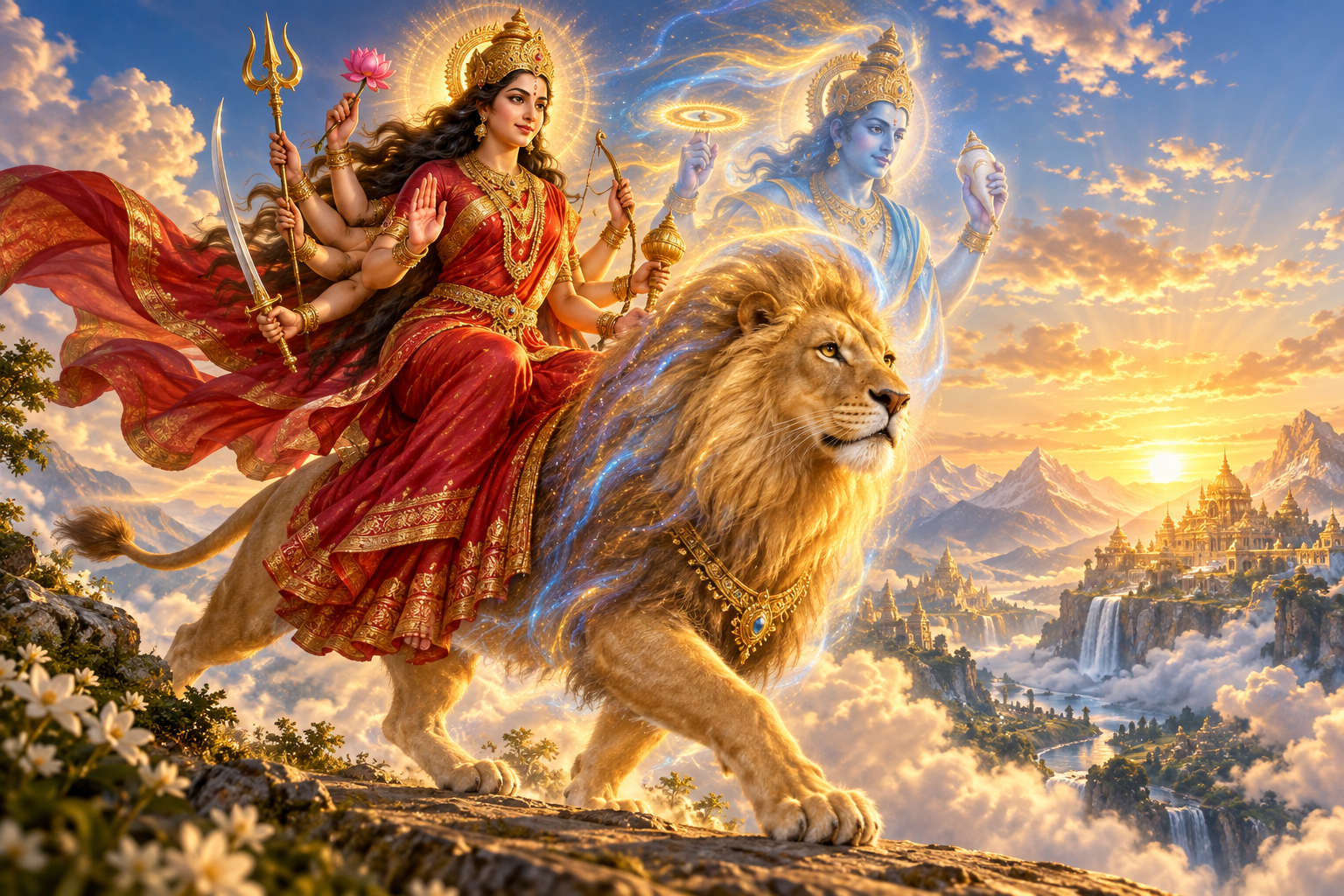 Durga rides a luminous golden lion whose blue aura contains a subtle image of Vishnu holding a conch and discus.