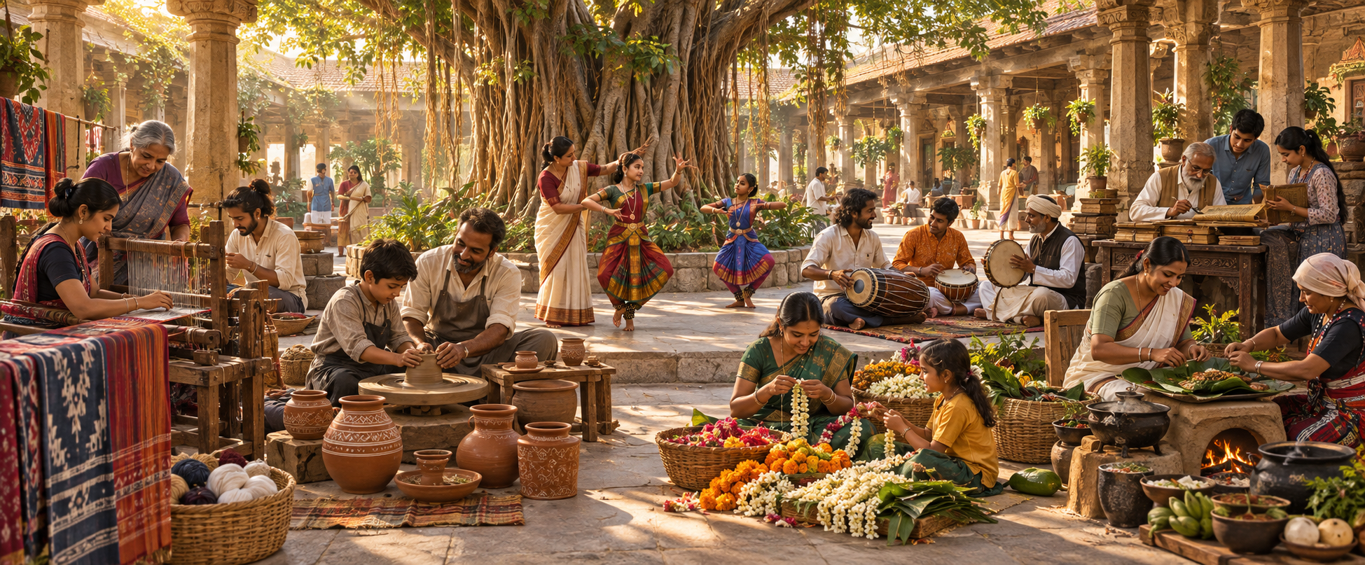 An intergenerational community practices weaving, pottery, dance, music, flower decoration, manuscript care, and cooking together around a banyan tree.