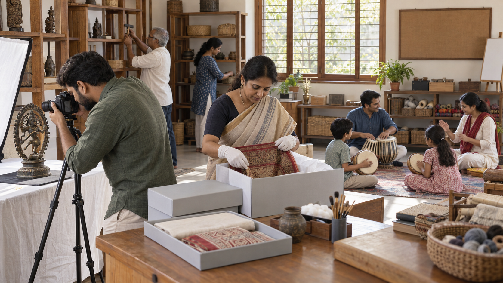 Volunteers photograph an artifact, store a textile, repair shelves, sort craft materials, and teach children music in a community heritage room.