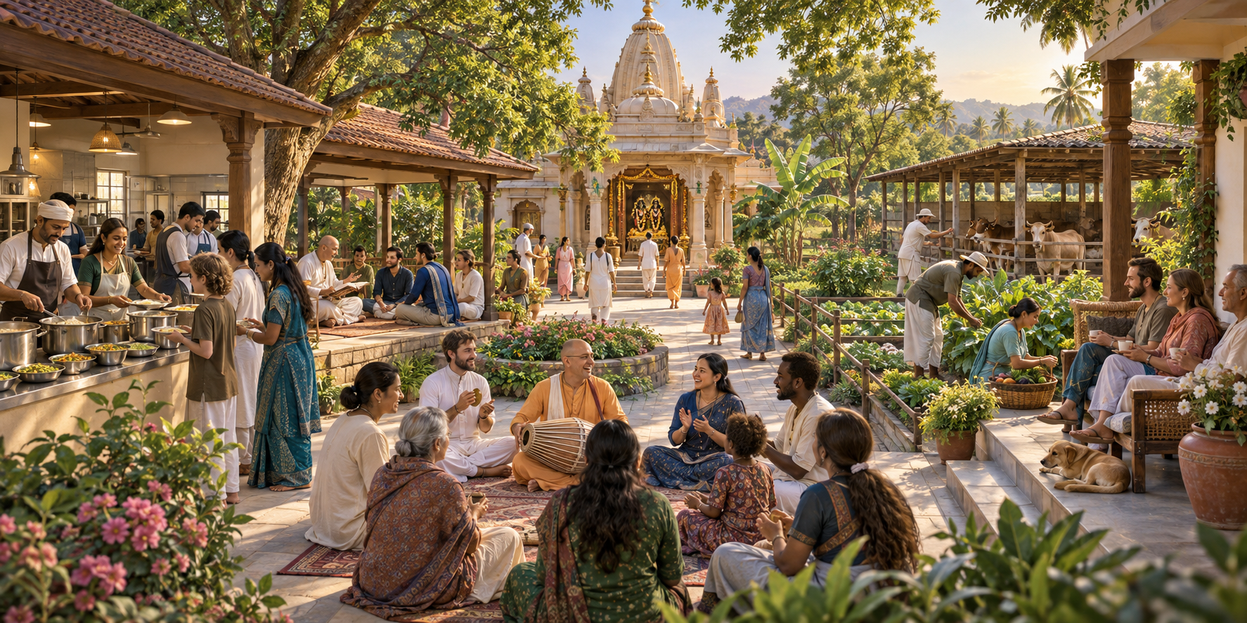 A Krishna devotional campus connects a temple courtyard with a meal kitchen, study group, music gathering, vegetable garden, cow shelter, and guesthouse.