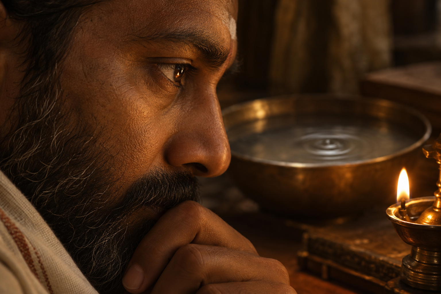 Close-up of a scholar's open eye reflecting an oil-lamp flame, with a rippling water bowl in the background.