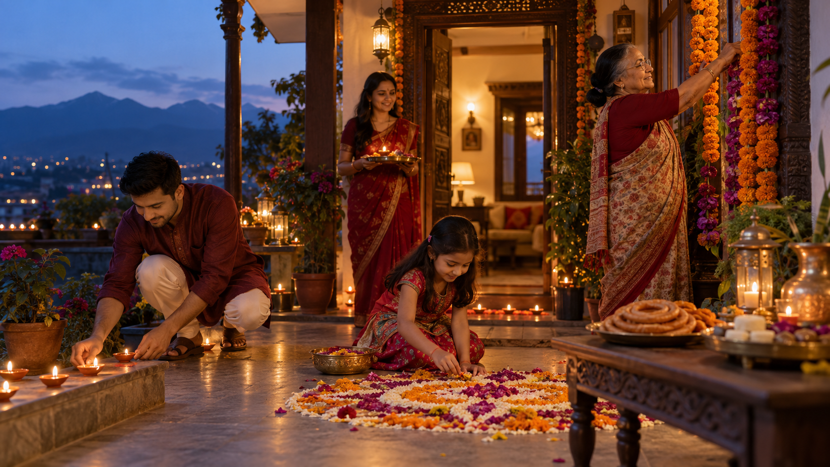 A multigenerational South Asian family decorates a home with oil lamps, flower garlands and rangoli beside plates of sel roti and sweets at dusk.