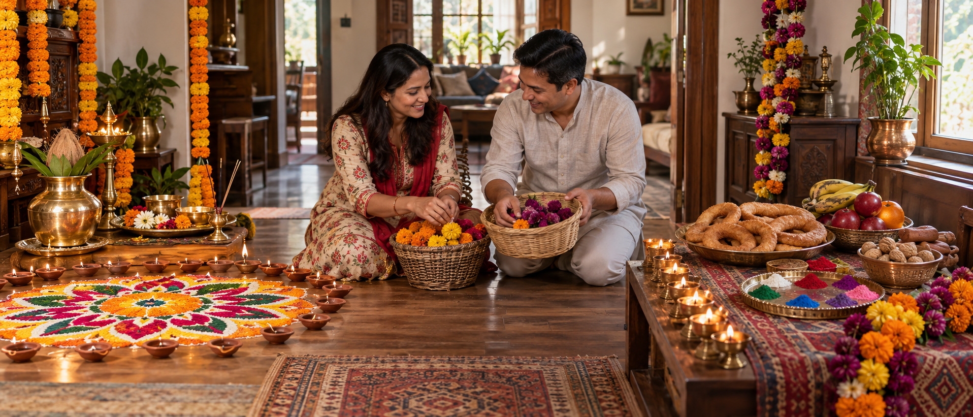 Two adjoining household spaces display separate preparations for Indian Diwali and Nepali Tihar as family members organize ritual items.