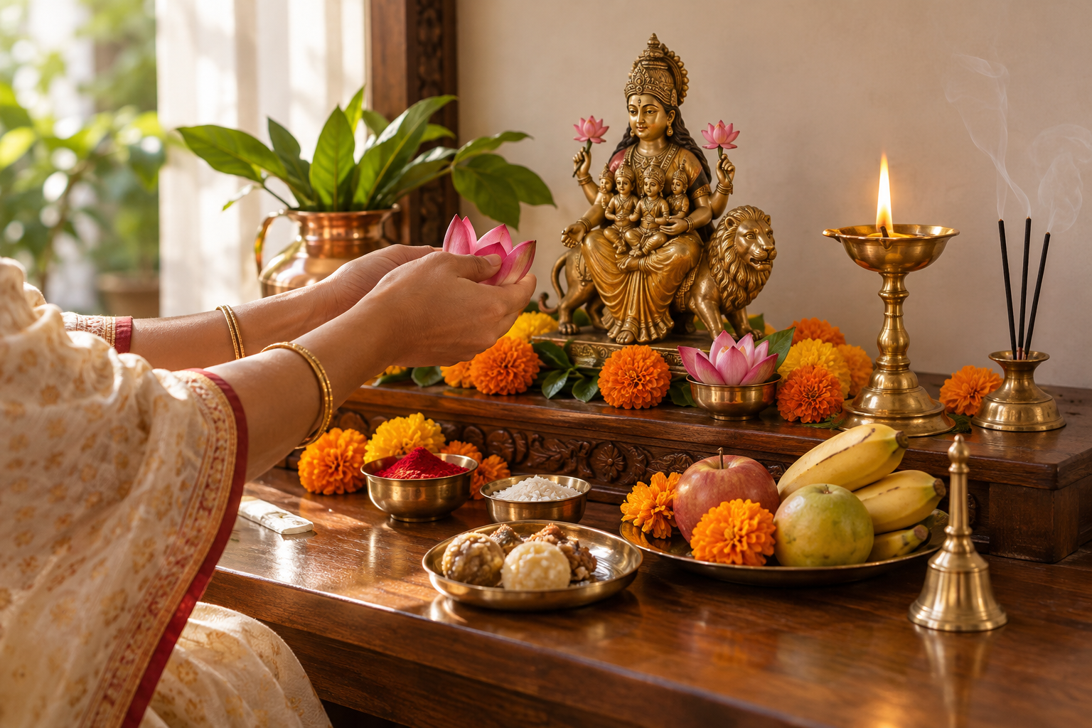 A worshipper offers a flower at a home altar arranged with a lamp, incense, water, kumkum, rice, fruit, prasad and fresh flowers.