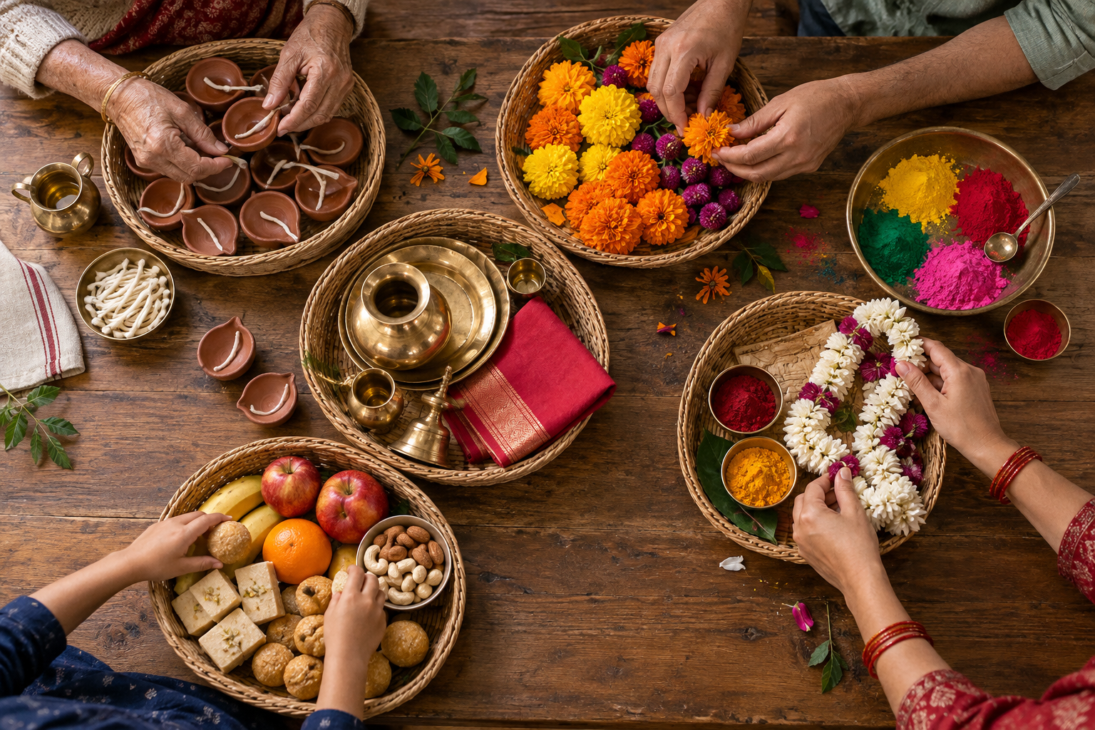Family members sort lamps, flowers, rangoli powders, offerings and tika supplies into baskets on a wooden table.
