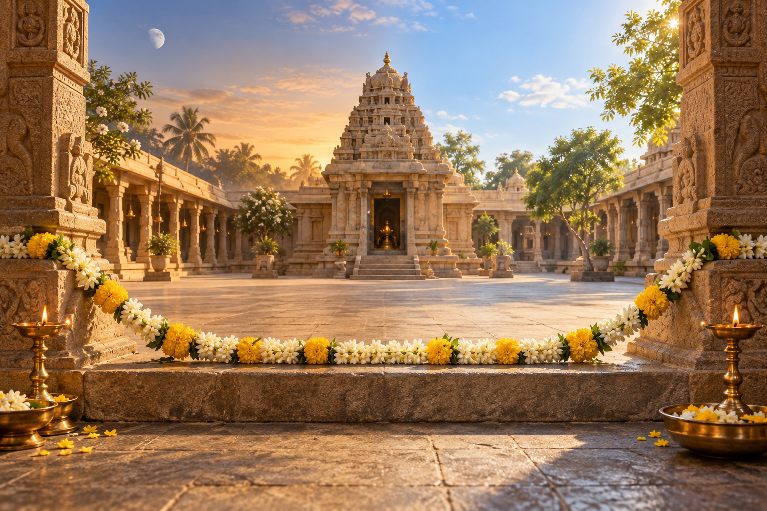 A temple courtyard shifts from soft early-morning light to bright late-morning light across a central stone threshold and flower garland.