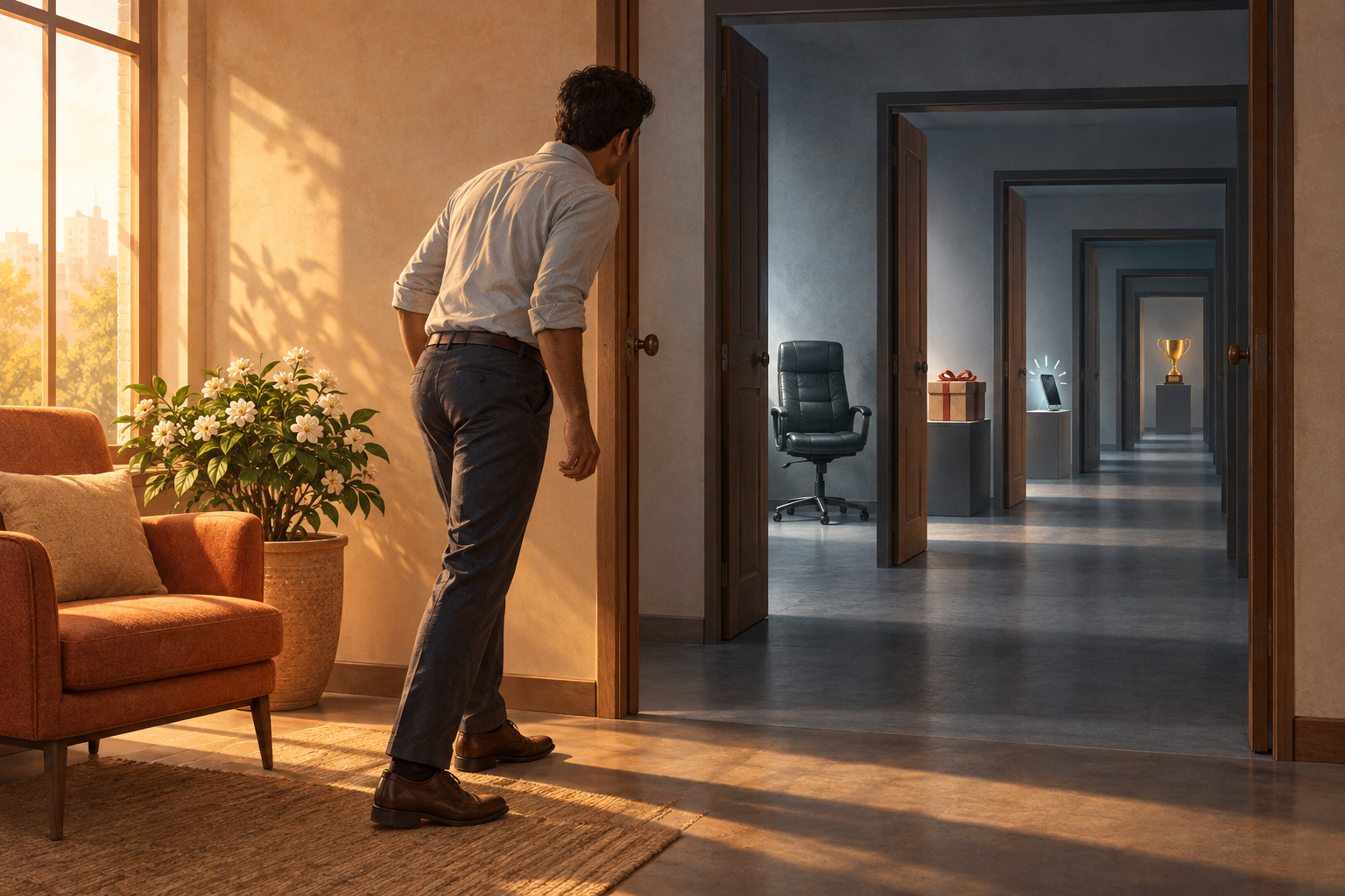 A person looks through a series of doorways toward objects representing future milestones while sunlight and a flowering plant fill the room behind them.