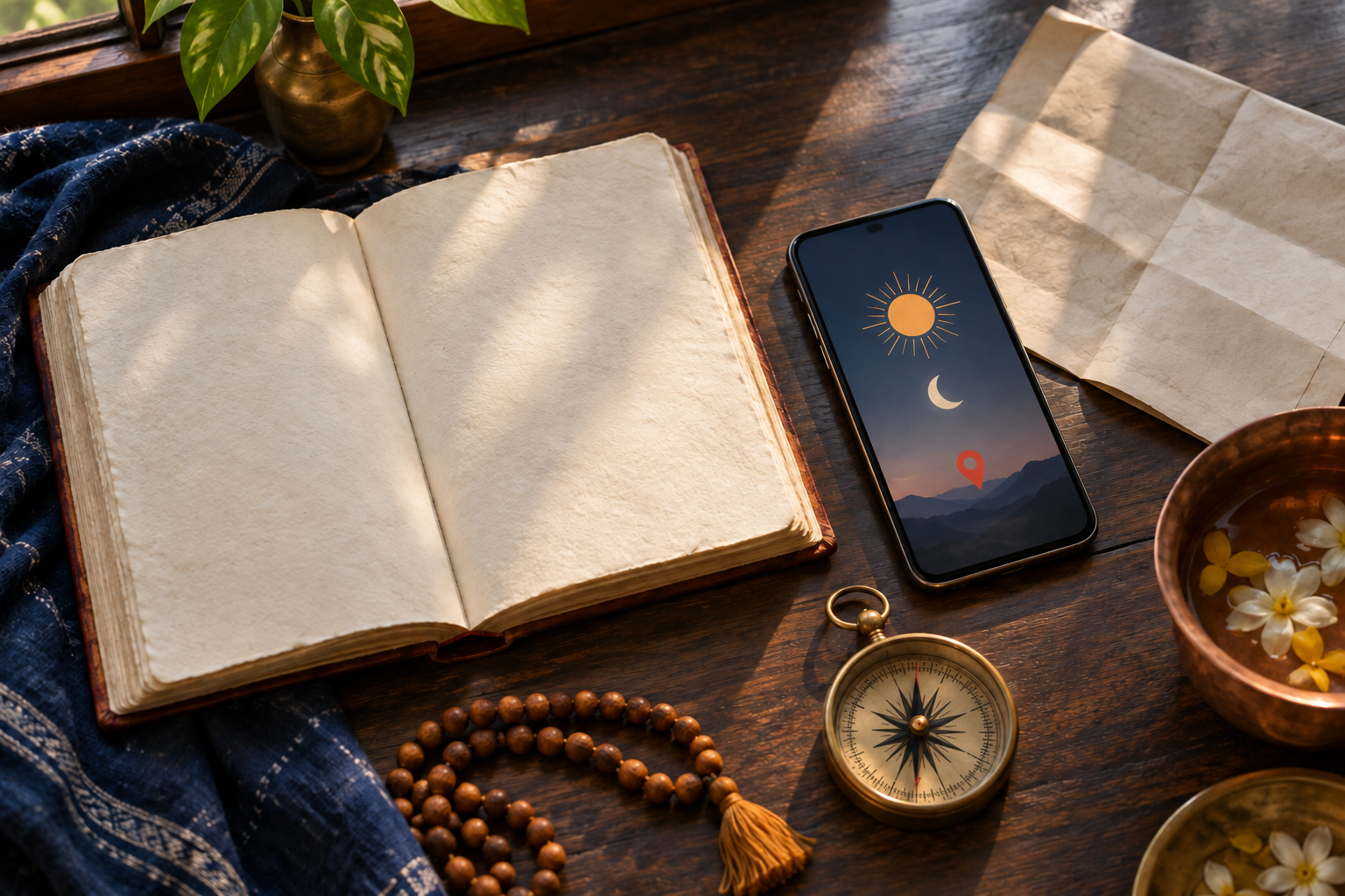 A blank traditional almanac, smartphone with unlabeled celestial symbols, compass, plain map, prayer beads, and copper bowl on a wooden table.