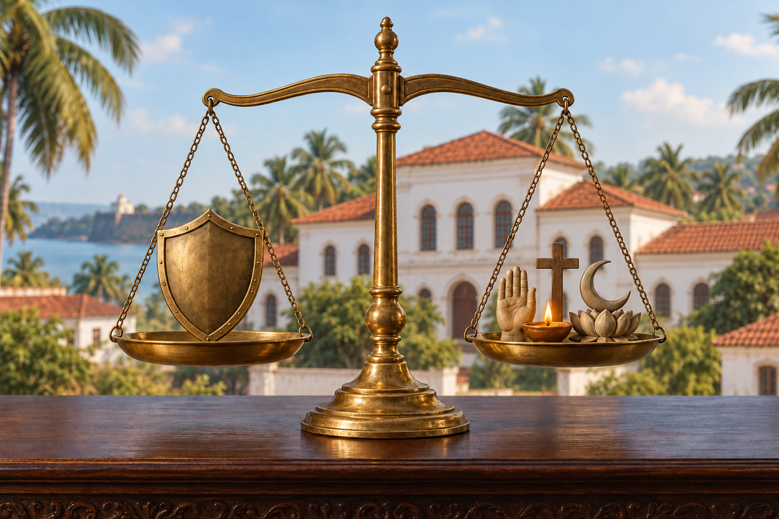 A balance scale holding a protective shield and several symbols of personal conscience in front of a Goan civic building.