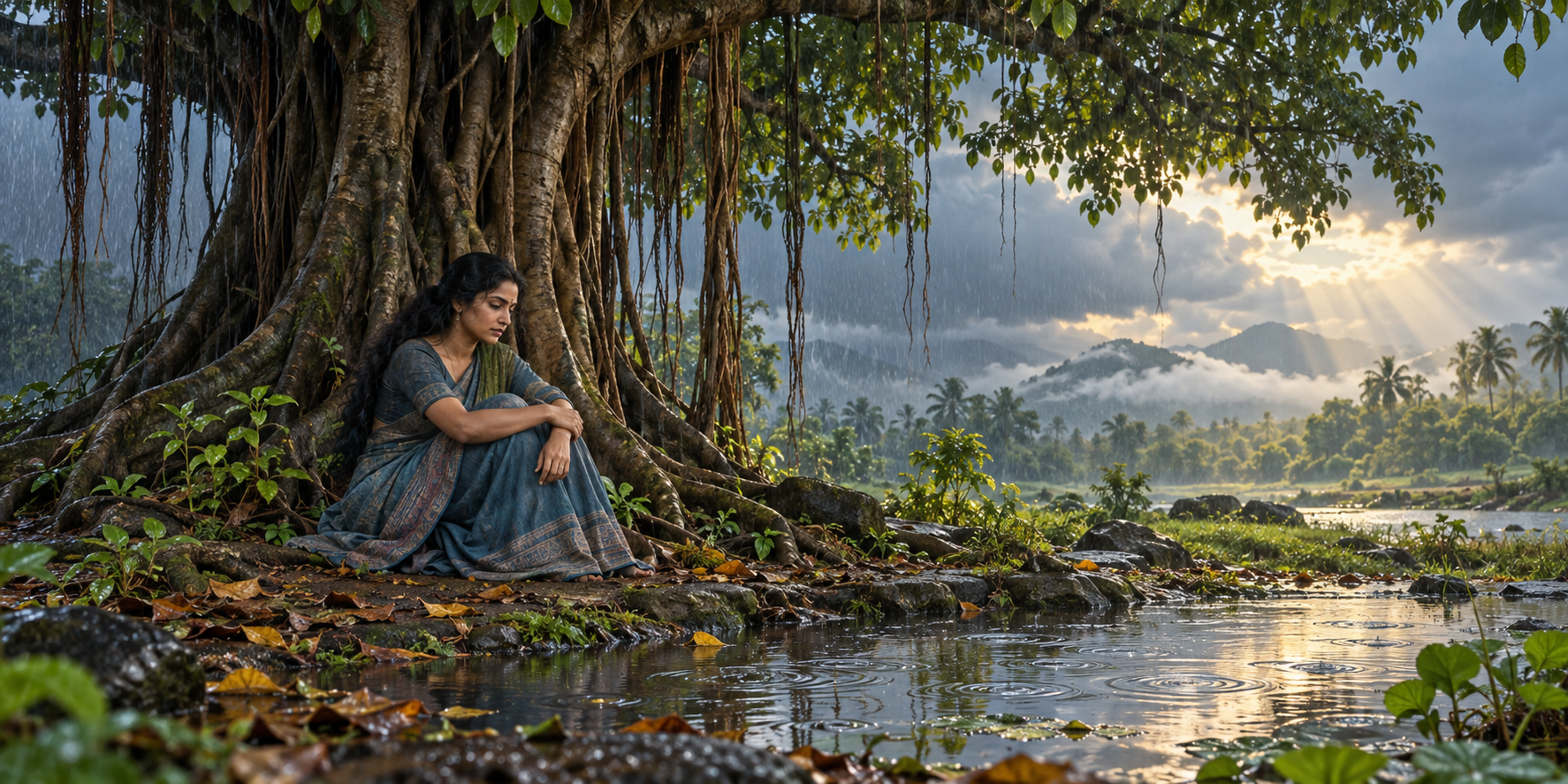 A thoughtful woman sits beneath a banyan tree as rain falls on one side of the landscape and sunlight reaches the other.