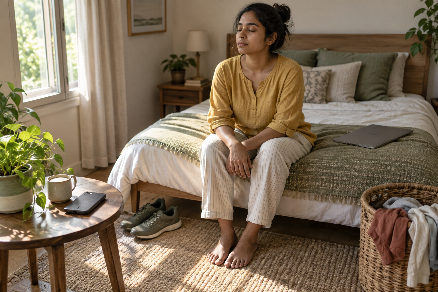An adult pauses with eyes closed on the edge of a bed while a face-down phone, laptop, shoes, and houseplant sit nearby.