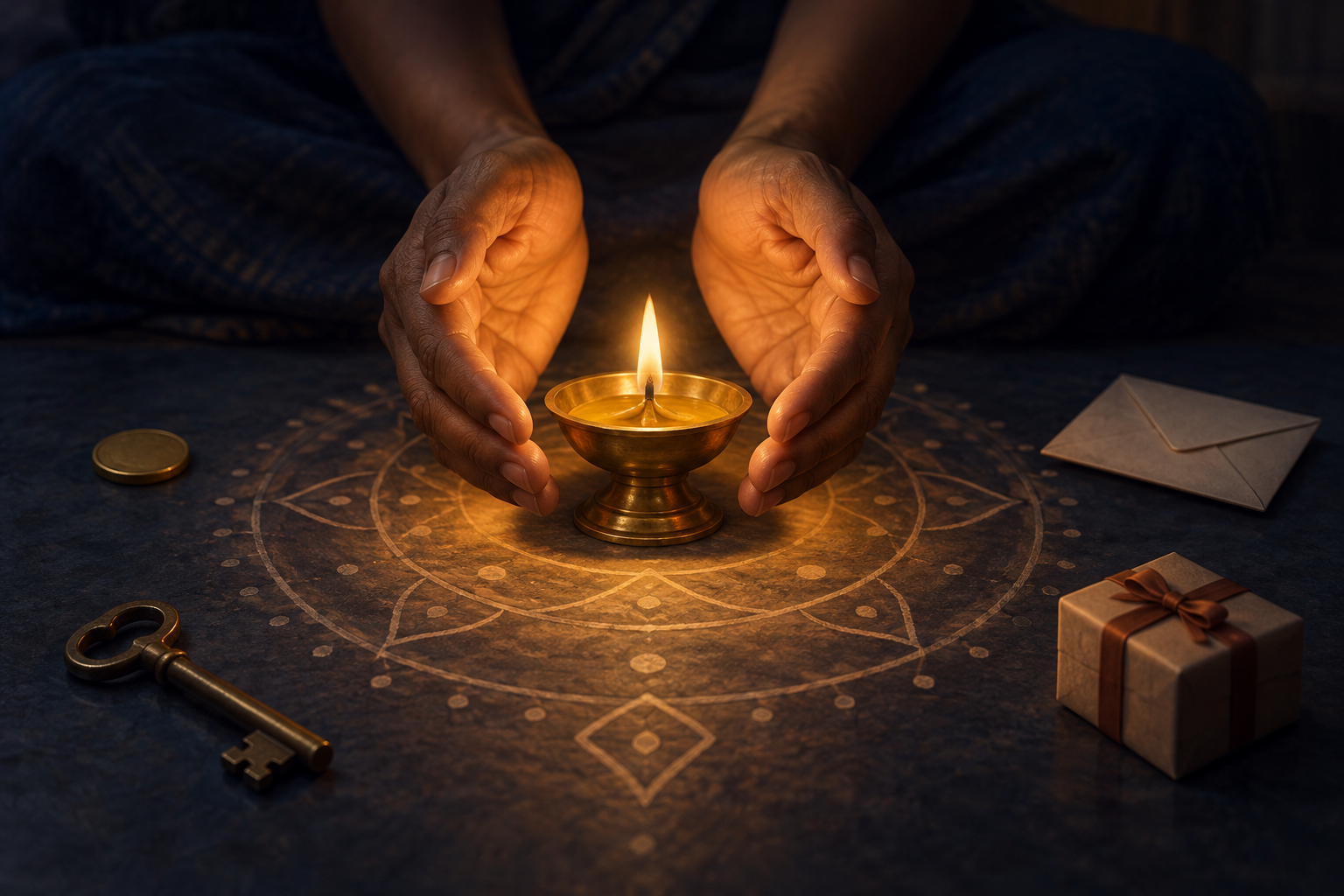 Two hands shield the flame of a small brass oil lamp while a coin, key, envelope, and gift box lie beyond its circle of light.
