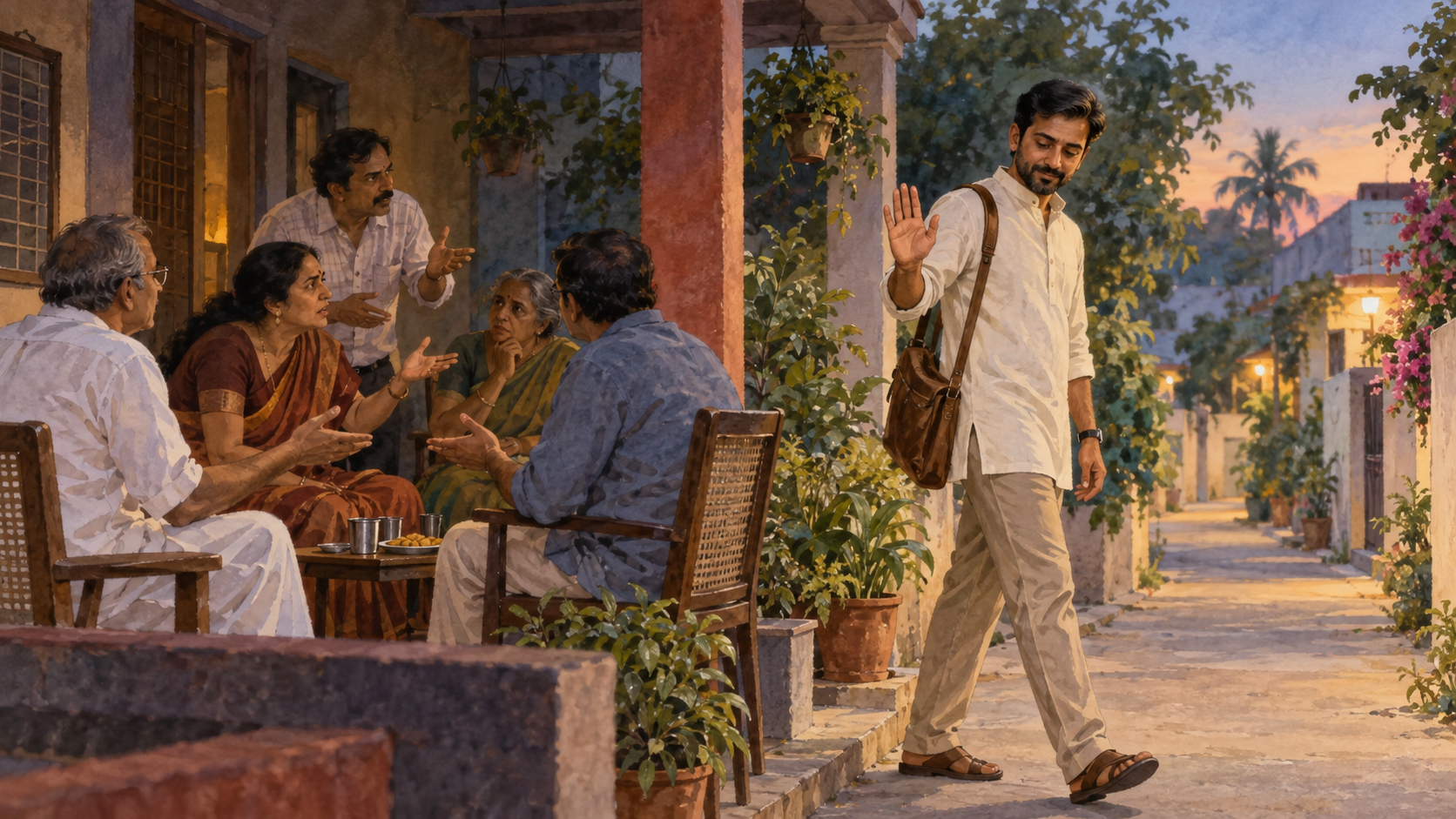 A composed person respectfully leaves a tense veranda gathering and walks toward a quiet, plant-lined lane at dusk.
