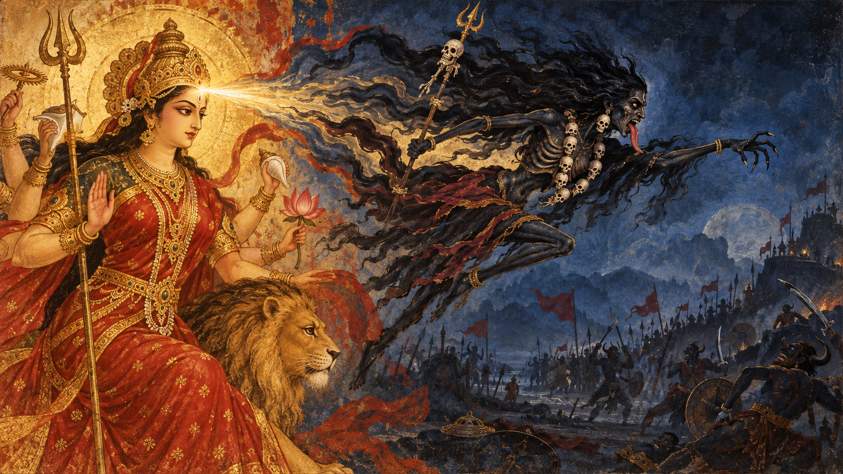 A dark, emaciated goddess emerges from the radiant brow of Durga during a mythic battle.