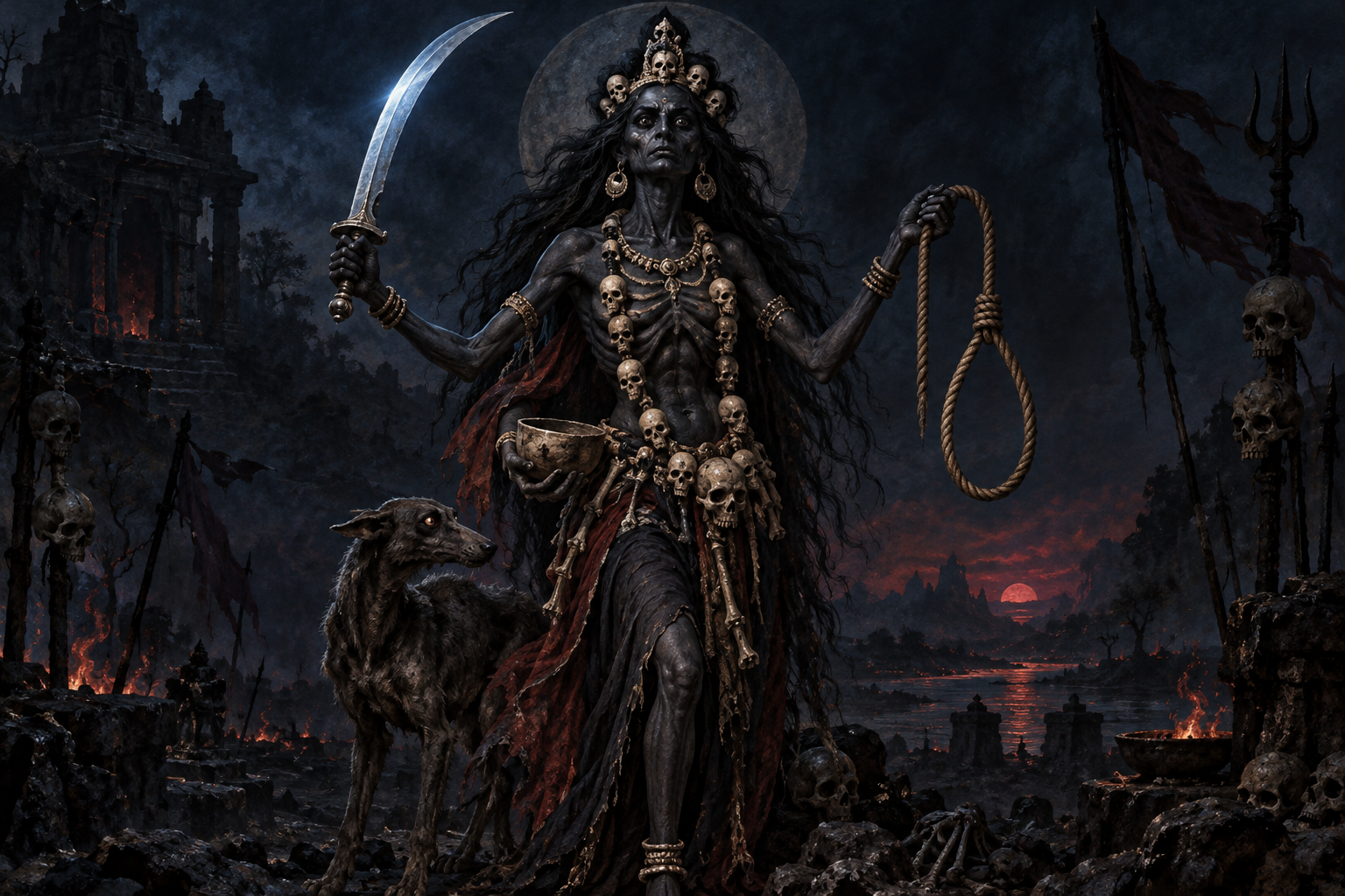 Chamunda holds a light-catching curved sword and a looped noose while standing within a deep blue-black landscape.