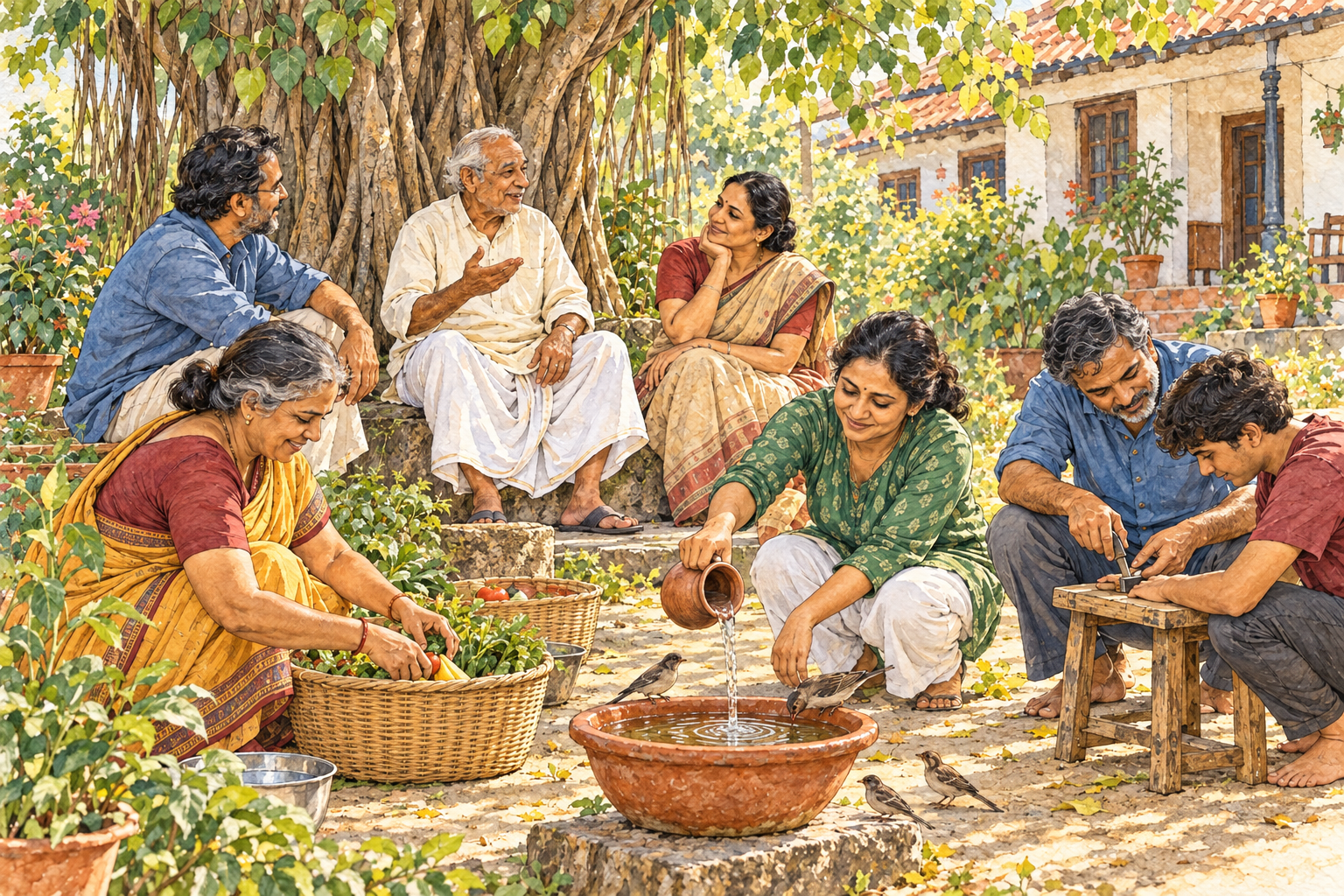 Adults gather beneath a banyan tree while nearby participants share food, fill a bird bowl, and repair a small stool.
