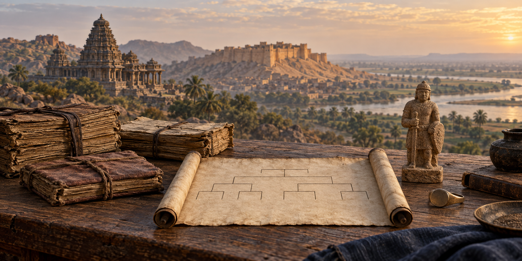 Weathered manuscripts, an incomplete genealogical scroll, a sandstone figurine, and a signet ring arranged before distant temple, desert fortress, and Sindh landscapes.