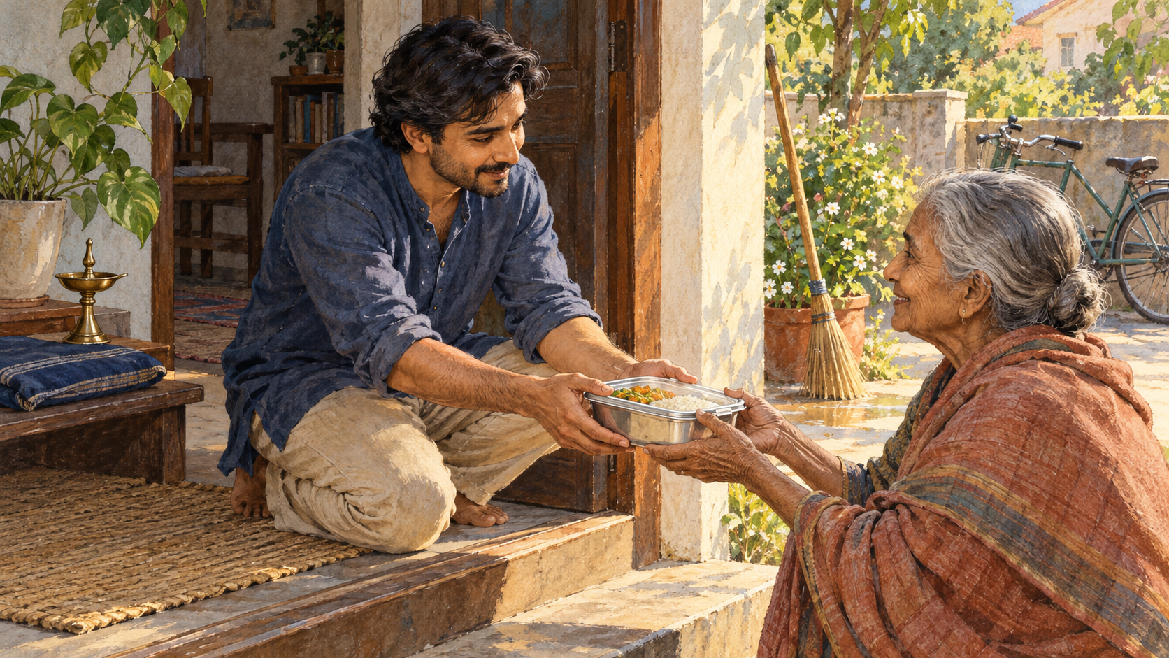 A person gives a prepared meal to an elderly neighbor at a sunlit doorway, with a watered plant and repaired bicycle nearby.