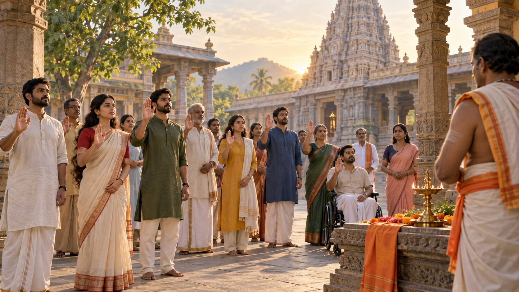 A group of adults participates in a solemn gathering in the courtyard of a Hindu temple at sunrise.