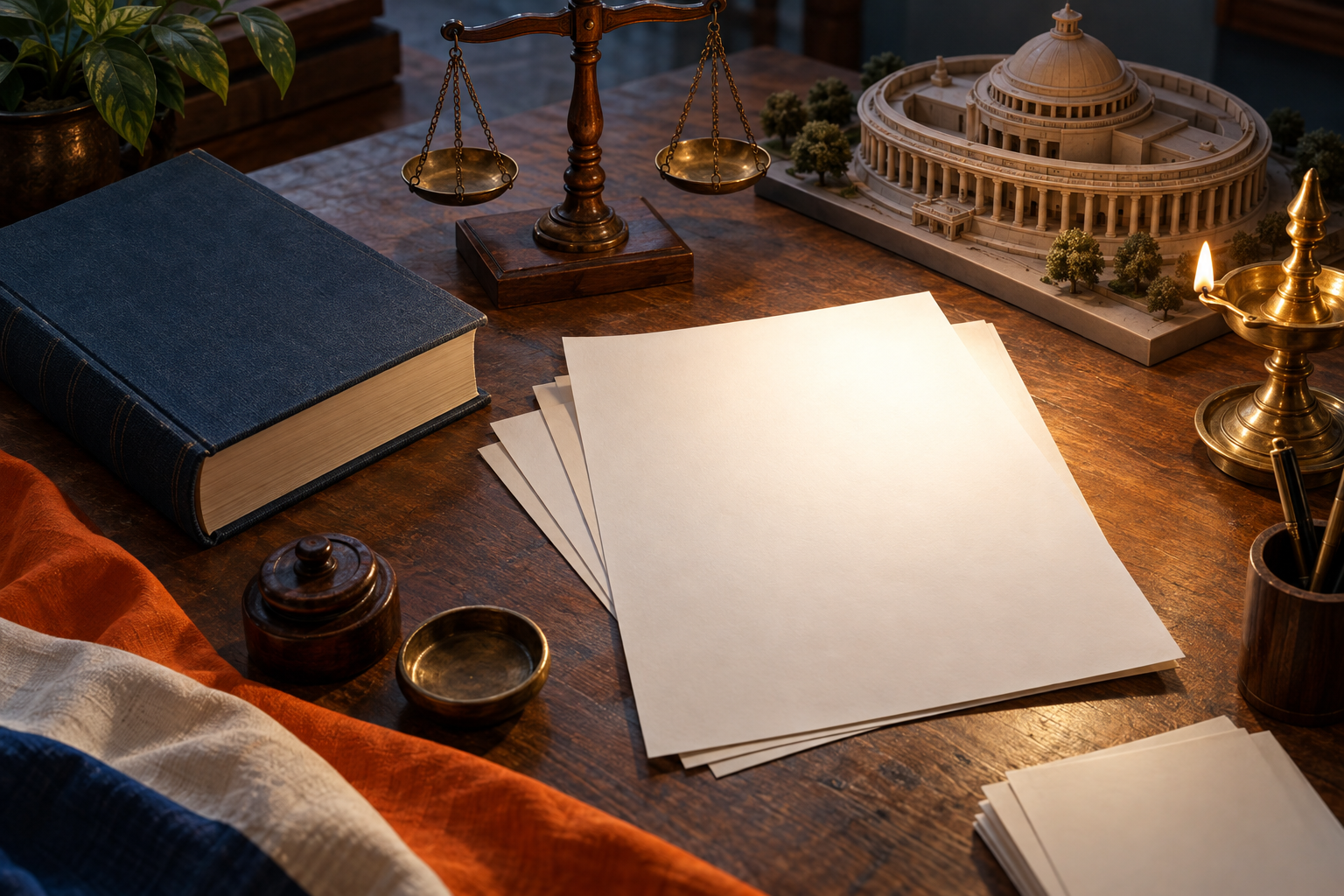 An unmarked legal volume, blank papers, balance scale, public building model, and brass lamp are arranged on a wooden desk.