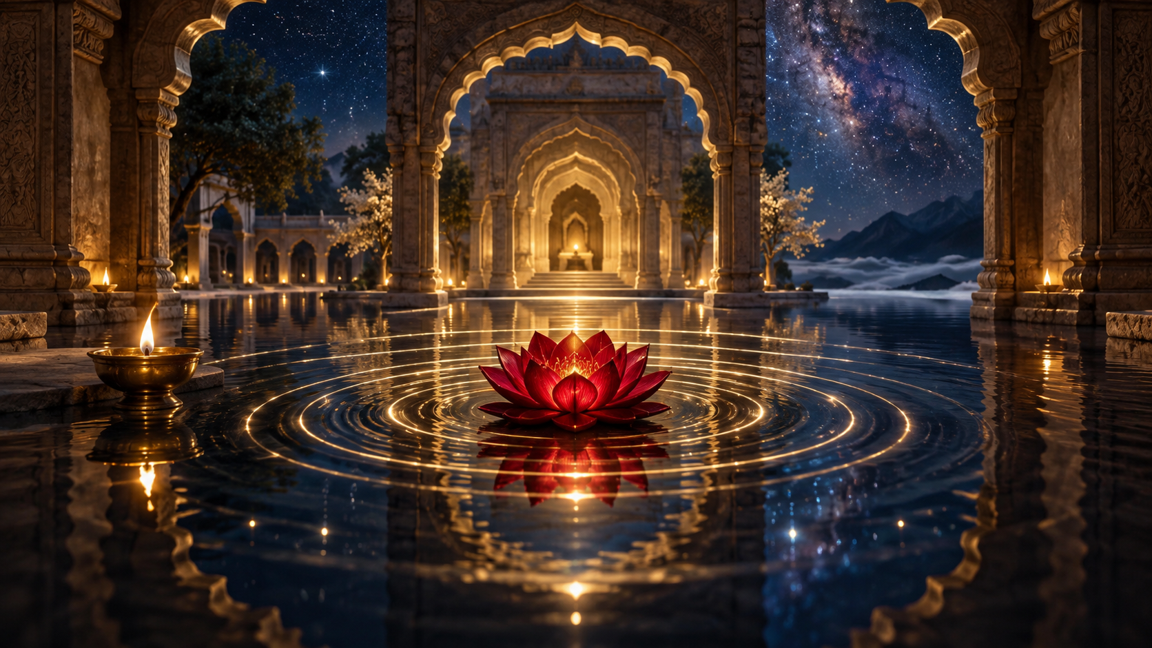 A red lotus and brass lamp reflected in dark water as concentric ripples and rings of light expand through layered temple-like spaces.