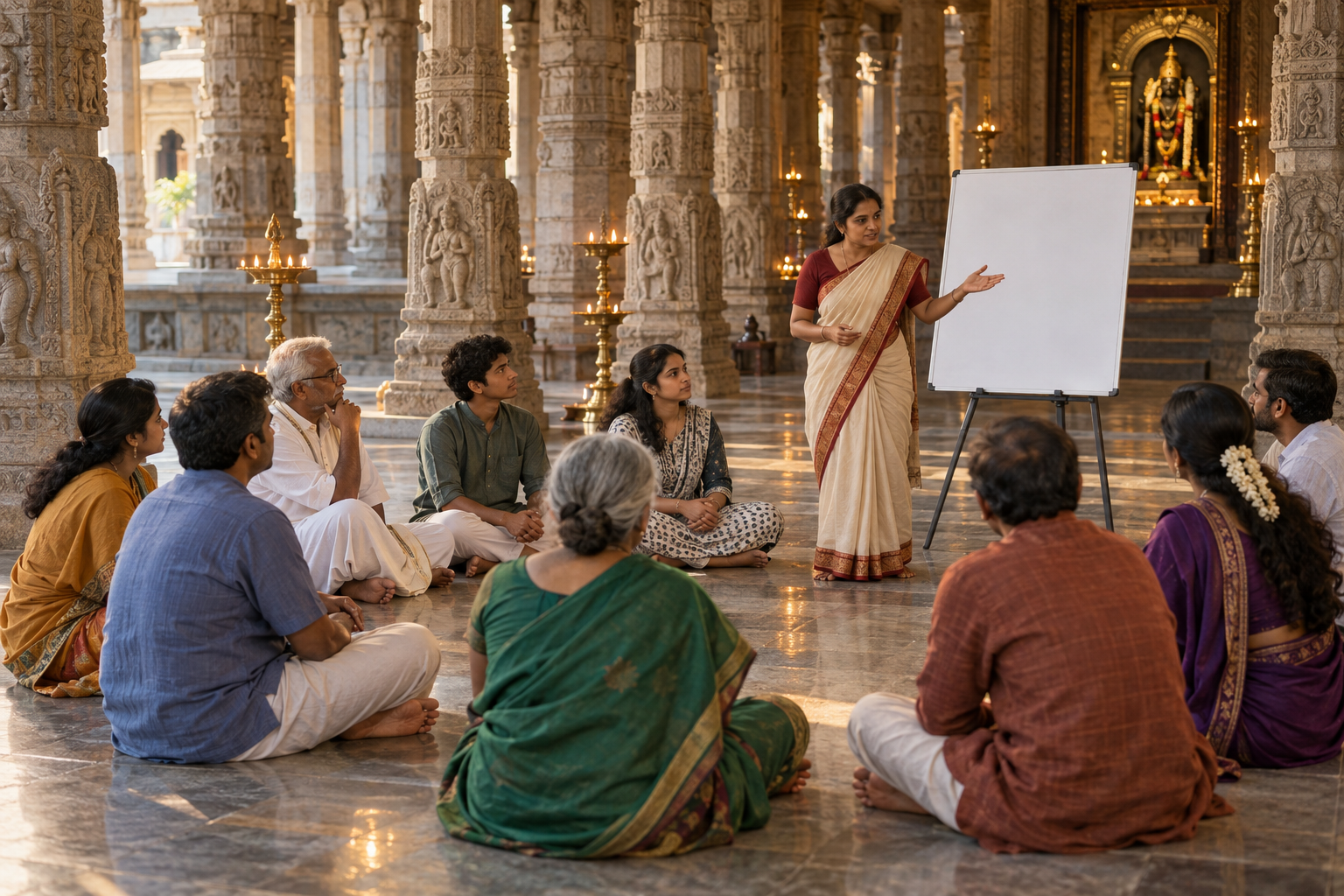Community members hold an orderly discussion in a lamp-lit Hindu temple hall beside a blank board.