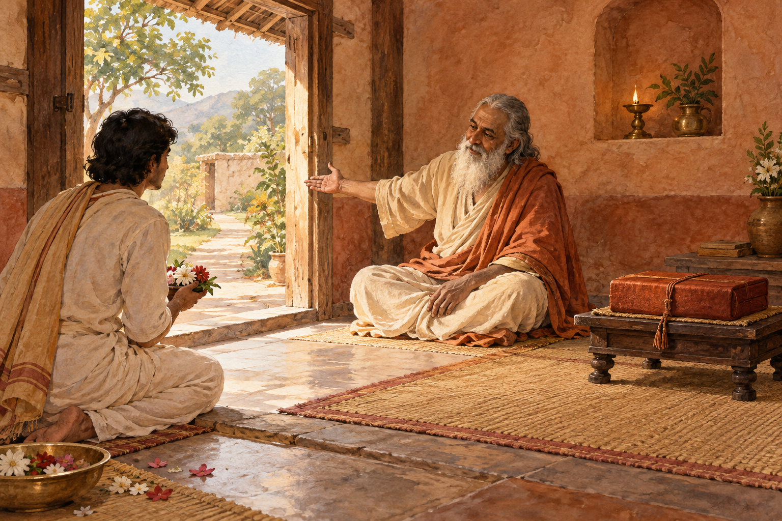 A seeker offers flowers to an elder teacher beside a closed cloth-wrapped manuscript in a quiet traditional teaching hall.