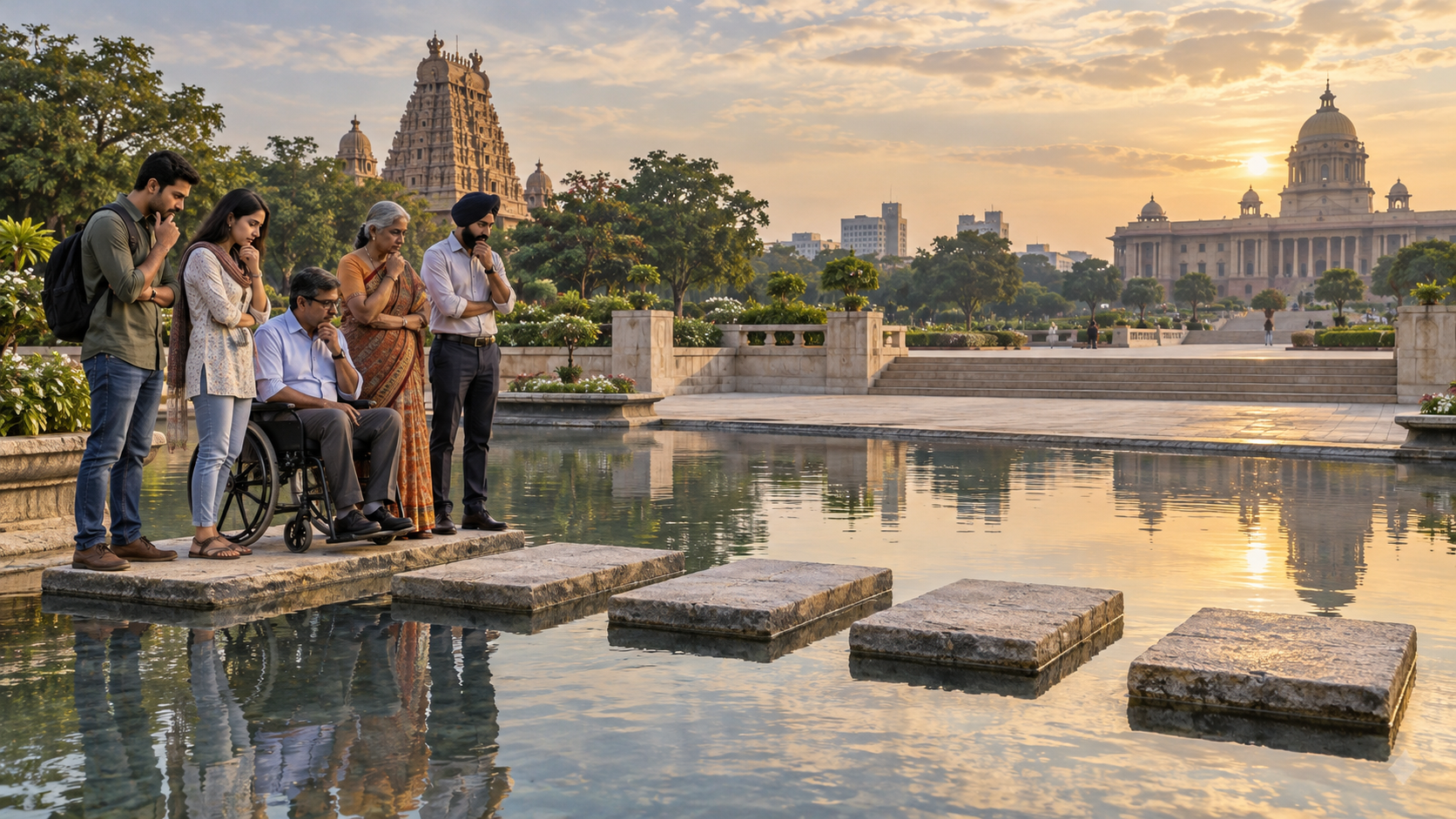 A group of adults pauses before five stone thresholds leading toward a courtyard between temple and civic architecture.
