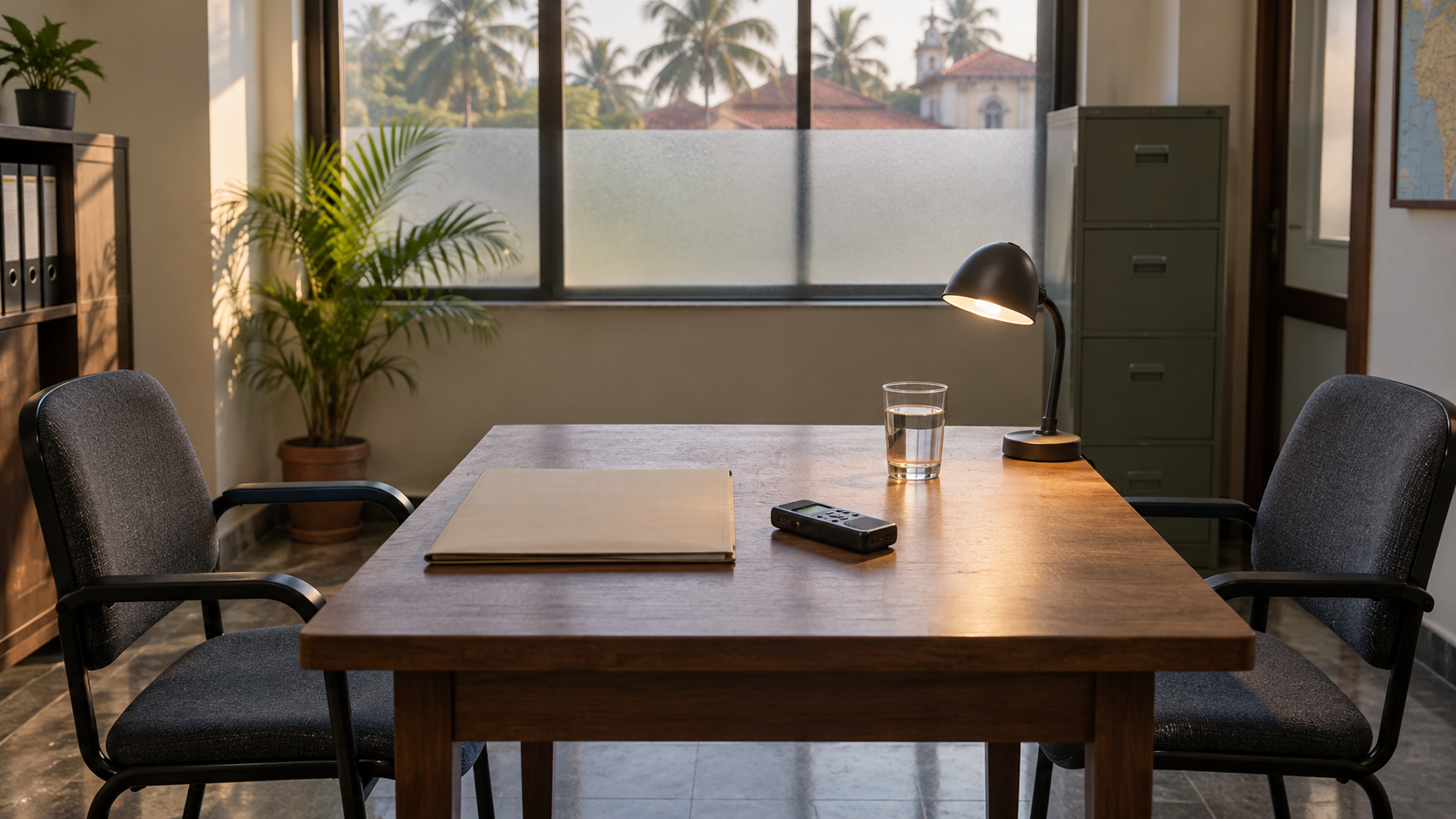 An empty interview room with two chairs, a closed case folder, an audio recorder, and a glass of water.