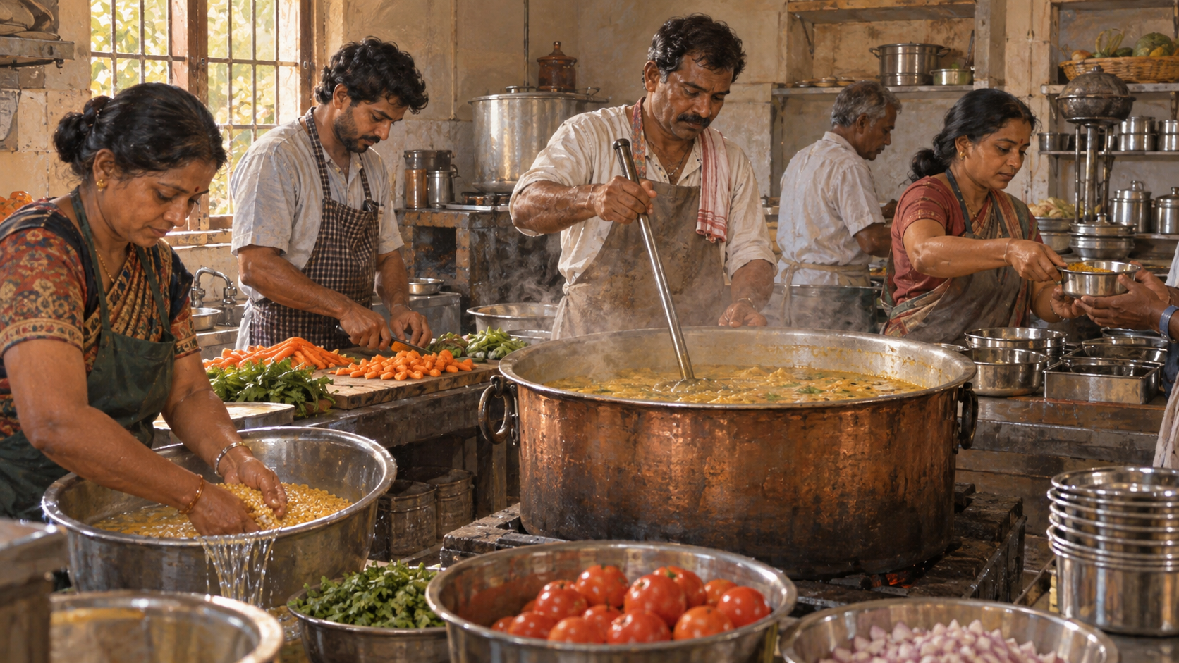 Volunteers wash lentils, chop vegetables, stir a large pot, and fill bowls together in a community kitchen.